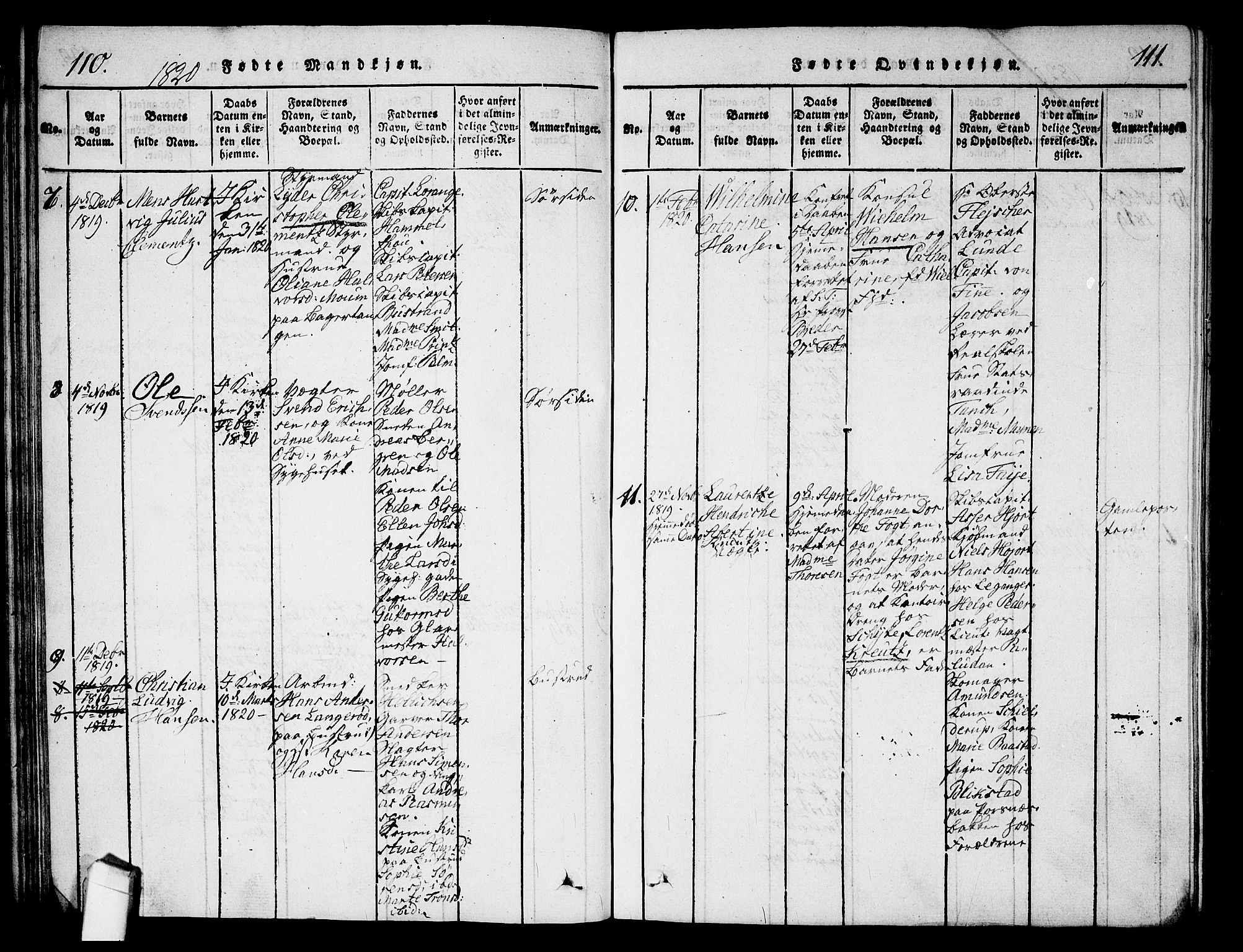 Halden prestekontor Kirkebøker, AV/SAO-A-10909/G/Ga/L0001: Parish register (copy) no. 1, 1815-1833, p. 110-111