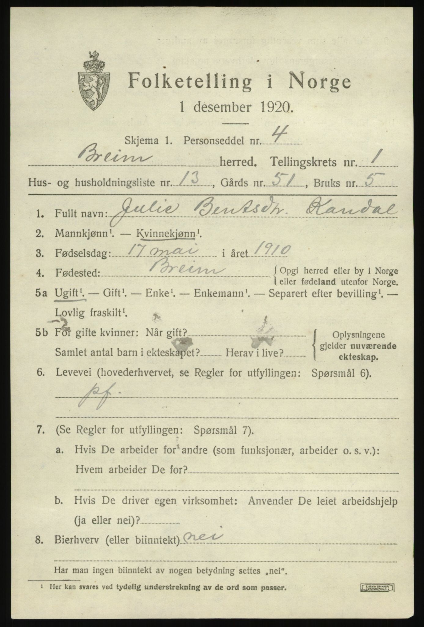 SAB, 1920 census for Breim, 1920, p. 799