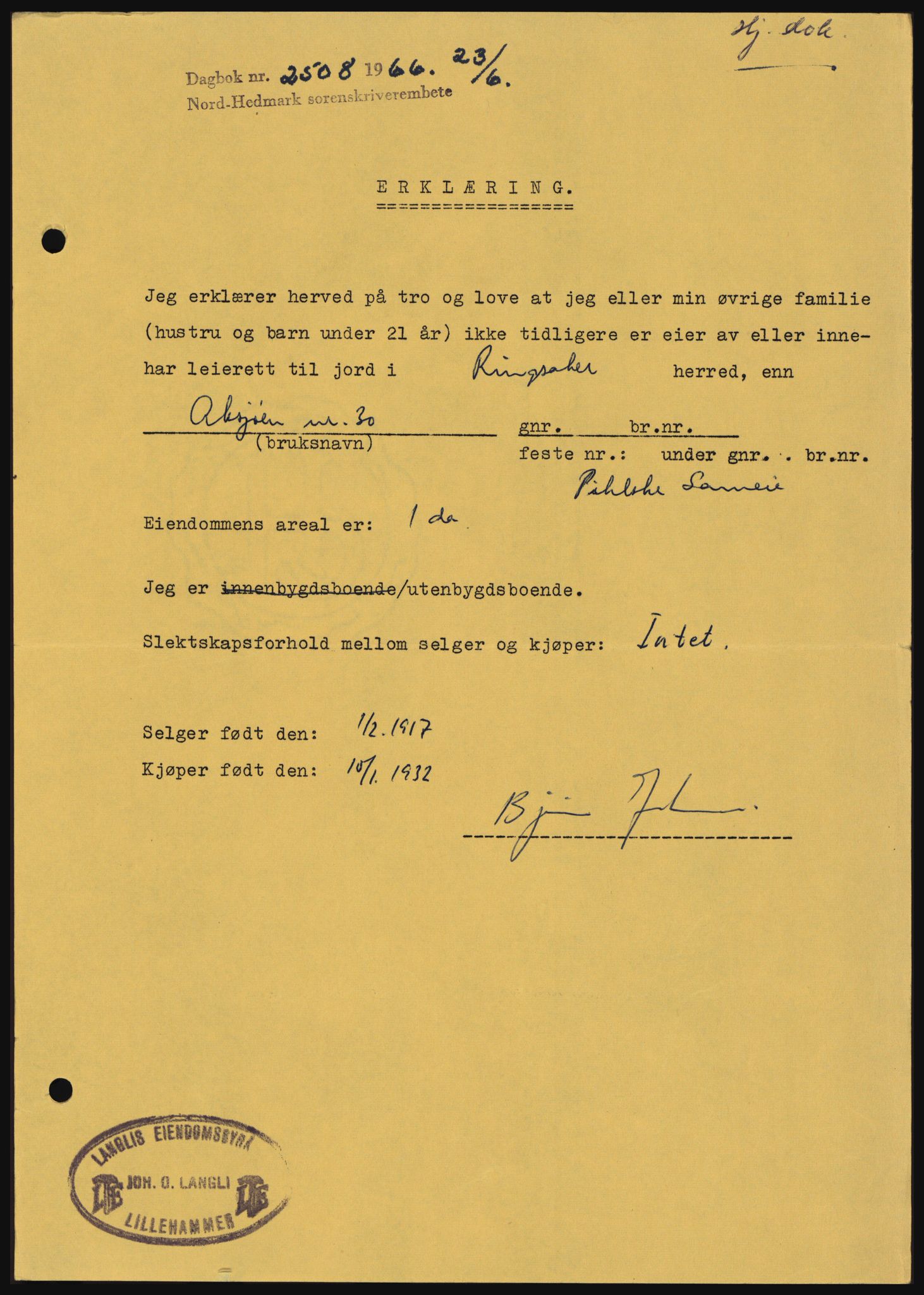 Nord-Hedmark sorenskriveri, SAH/TING-012/H/Hc/L0024: Mortgage book no. 24, 1966-1966, Diary no: : 2508/1966
