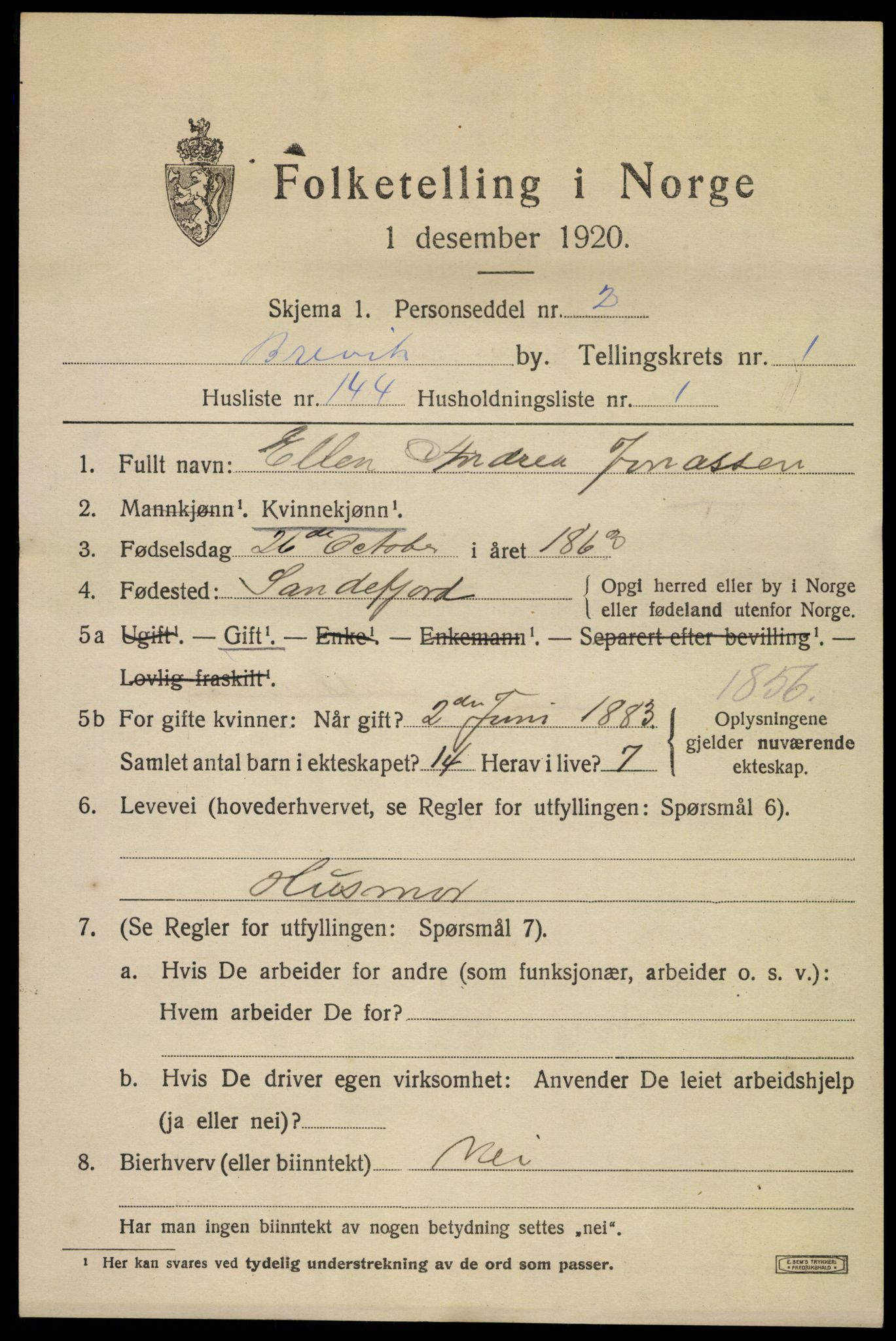 SAKO, 1920 census for Brevik, 1920, p. 3858