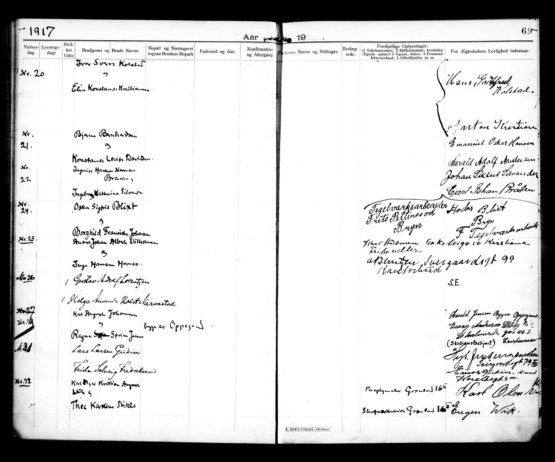 Vålerengen prestekontor Kirkebøker, SAO/A-10878/H/Ha/L0002: Banns register no. 2, 1910-1918, p. 69