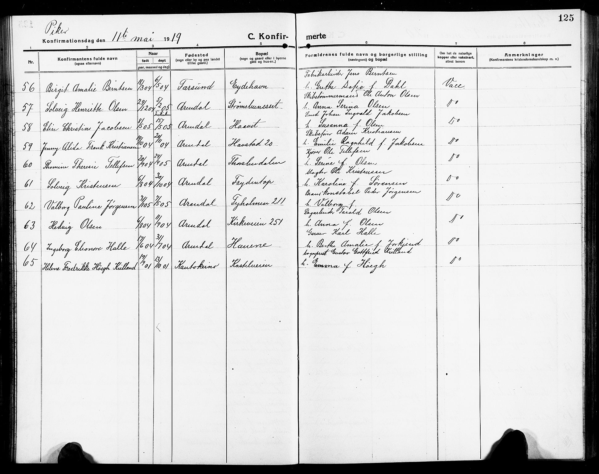 Arendal sokneprestkontor, Trefoldighet, AV/SAK-1111-0040/F/Fb/L0007: Parish register (copy) no. B 7, 1916-1927, p. 125