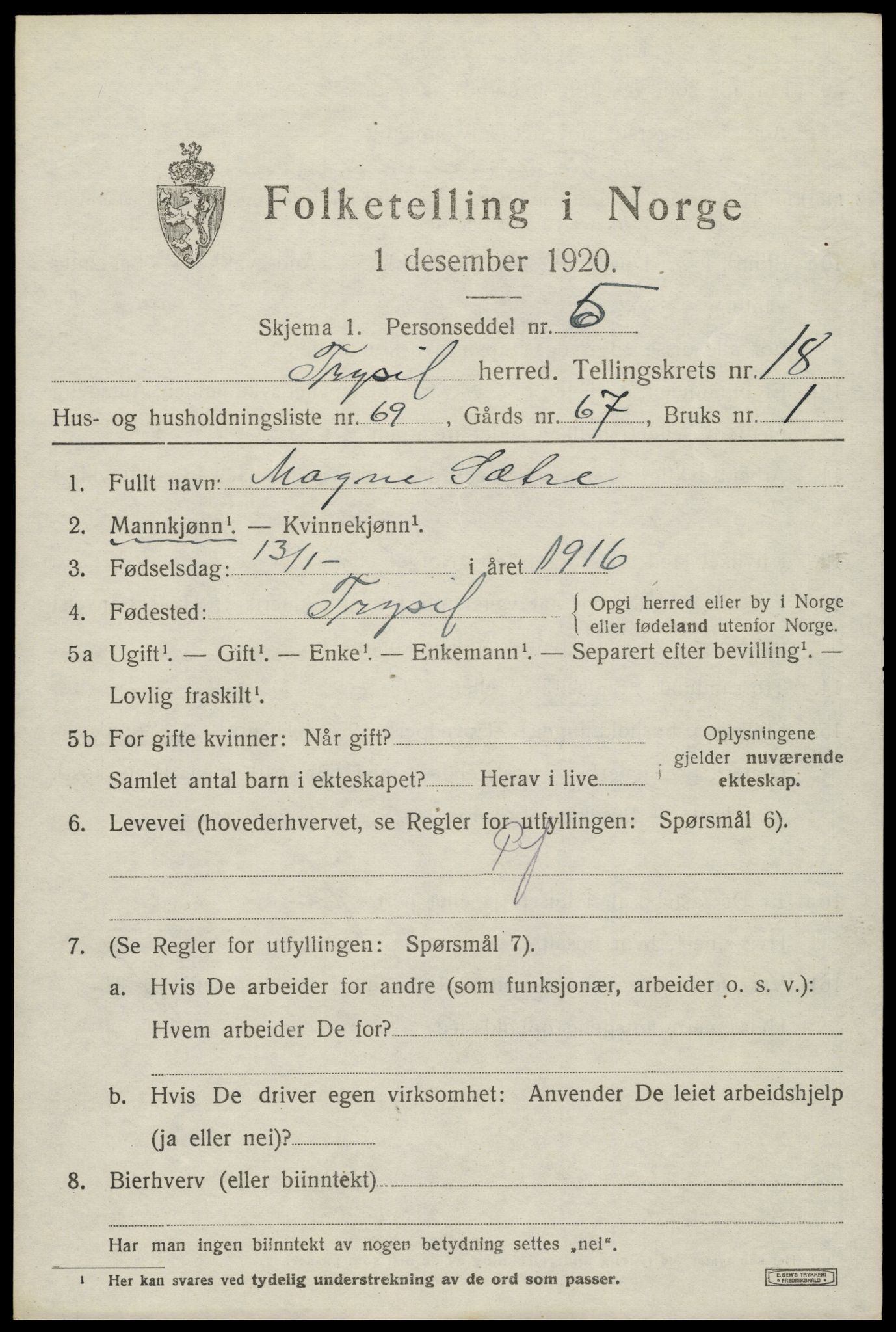 SAH, 1920 census for Trysil, 1920, p. 12597