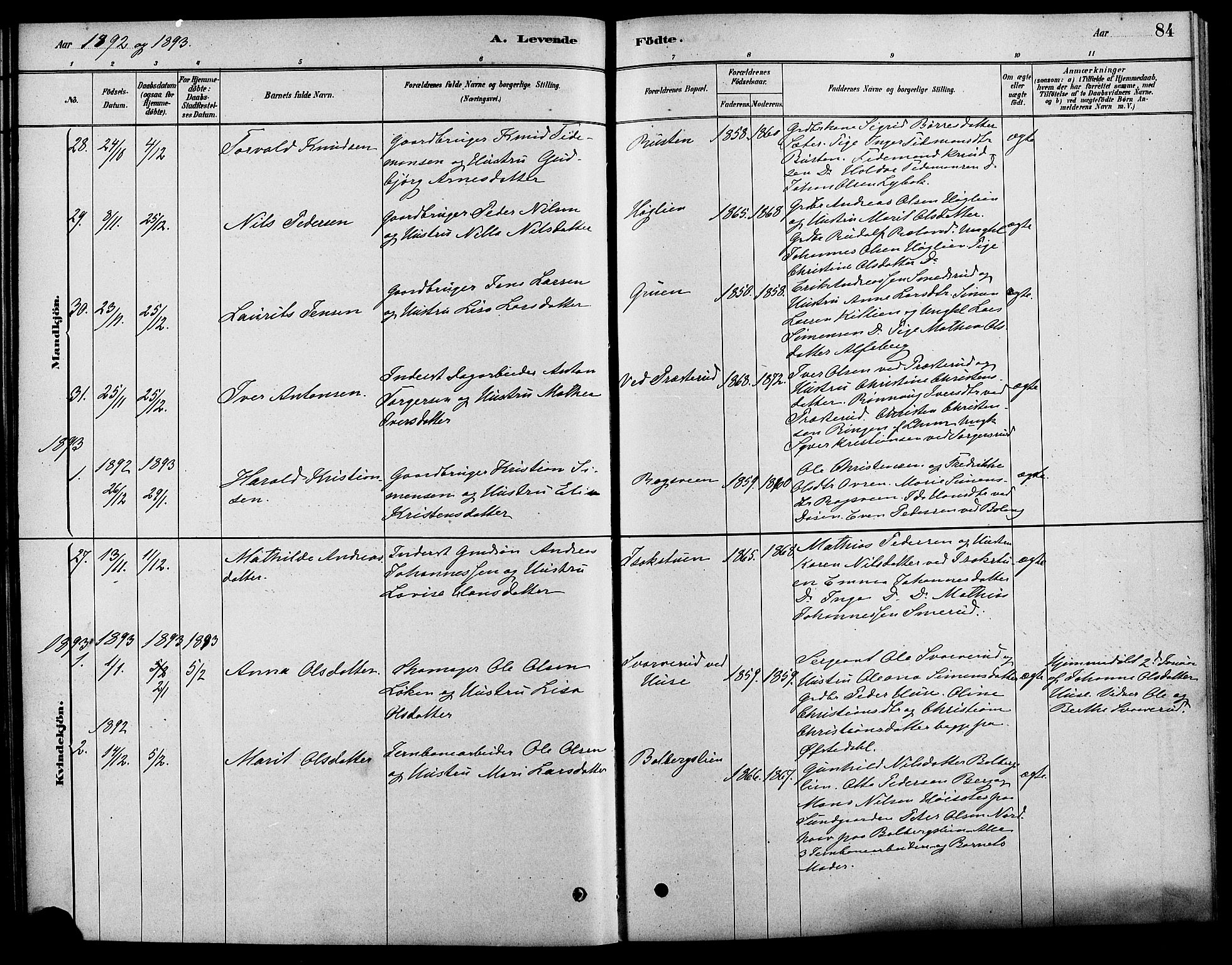 Fåberg prestekontor, AV/SAH-PREST-086/H/Ha/Haa/L0008: Parish register (official) no. 8, 1879-1898, p. 84