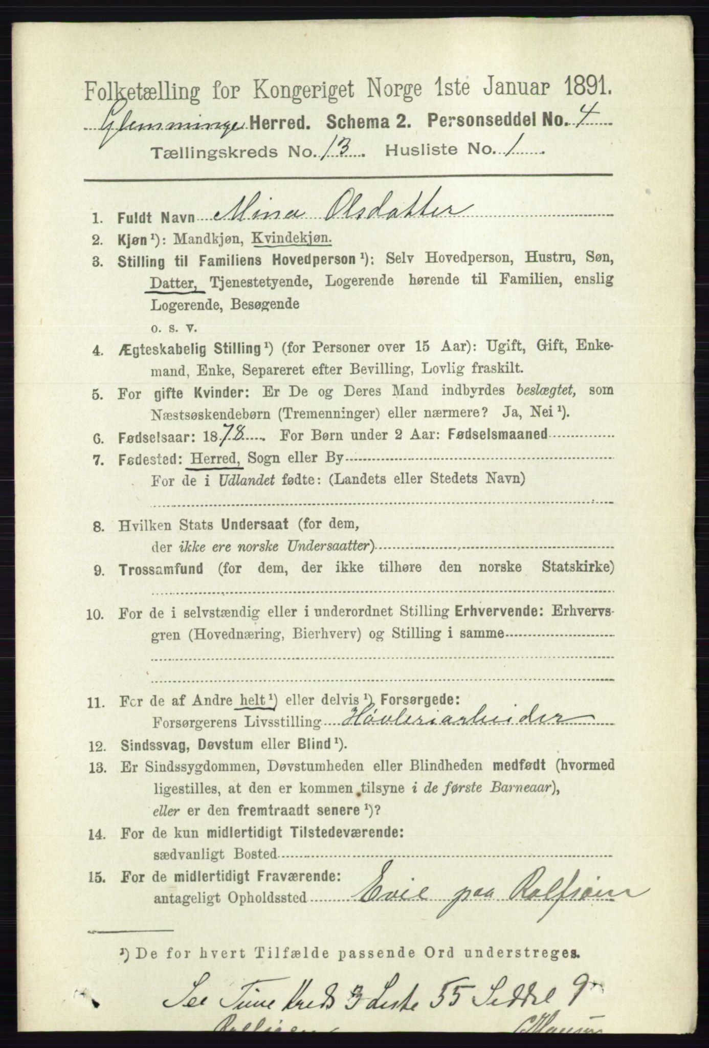 RA, 1891 census for 0132 Glemmen, 1891, p. 11168