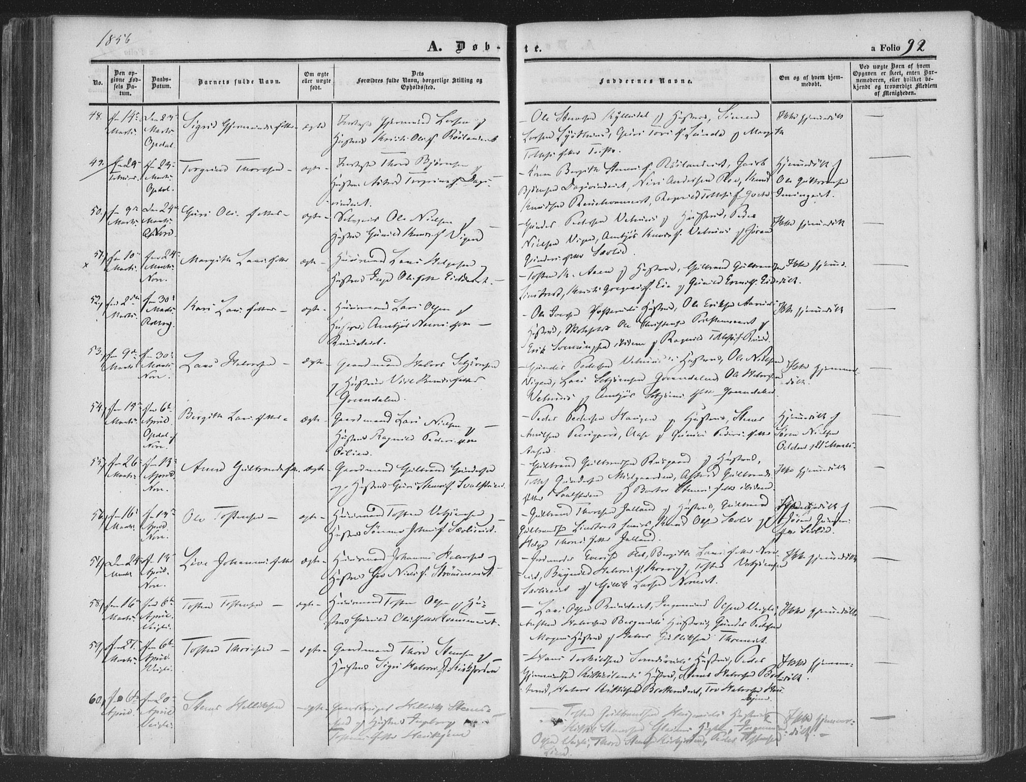 Rollag kirkebøker, AV/SAKO-A-240/F/Fa/L0008: Parish register (official) no. I 8, 1847-1860, p. 92