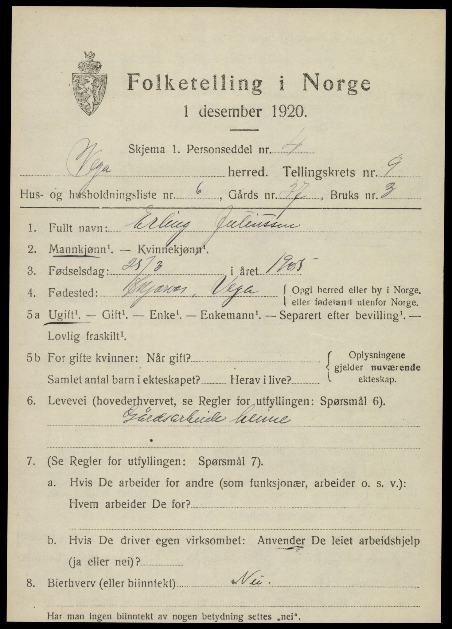 SAT, 1920 census for Vega, 1920, p. 4581