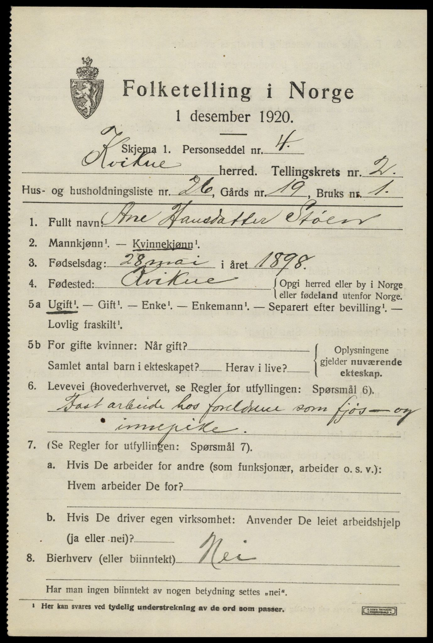 SAH, 1920 census for Kvikne, 1920, p. 1266