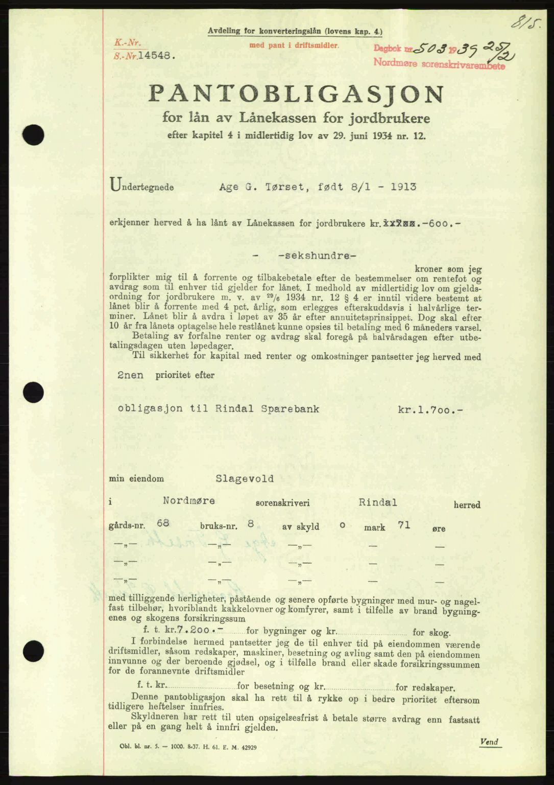 Nordmøre sorenskriveri, SAT/A-4132/1/2/2Ca: Mortgage book no. B84, 1938-1939, Diary no: : 503/1939