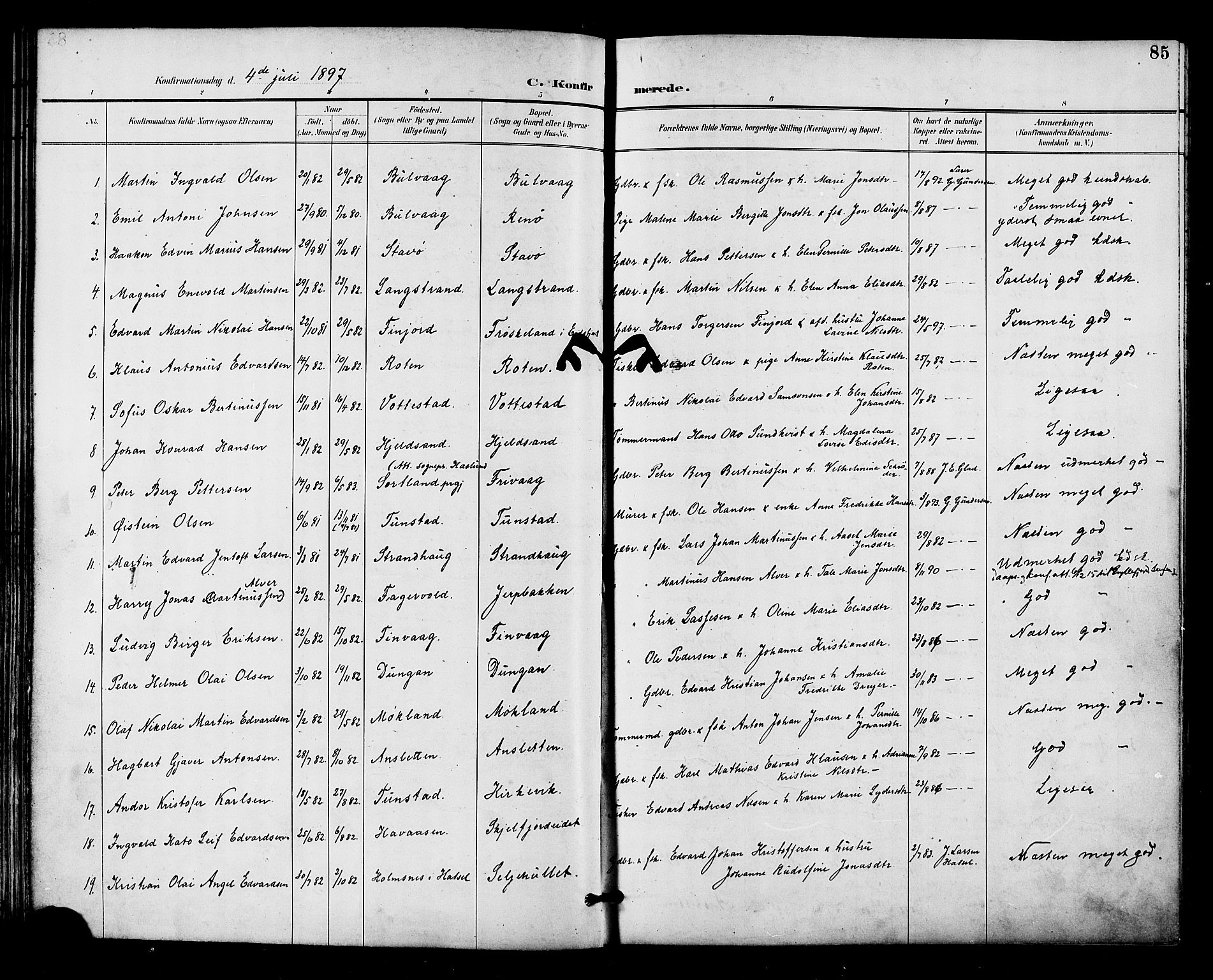 Ministerialprotokoller, klokkerbøker og fødselsregistre - Nordland, AV/SAT-A-1459/893/L1338: Parish register (official) no. 893A10, 1894-1903, p. 85