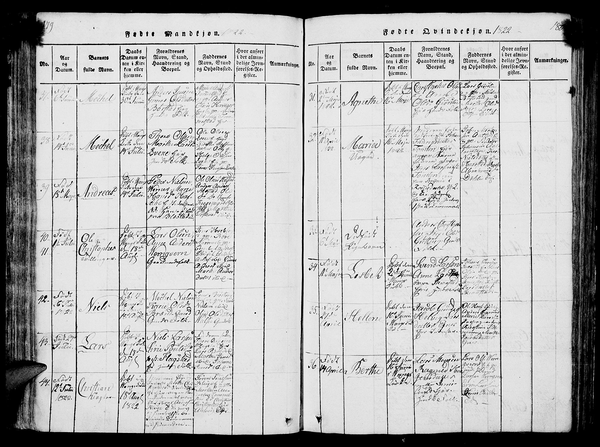 Vang prestekontor, Hedmark, AV/SAH-PREST-008/H/Ha/Hab/L0004: Parish register (copy) no. 4, 1813-1827, p. 179-180