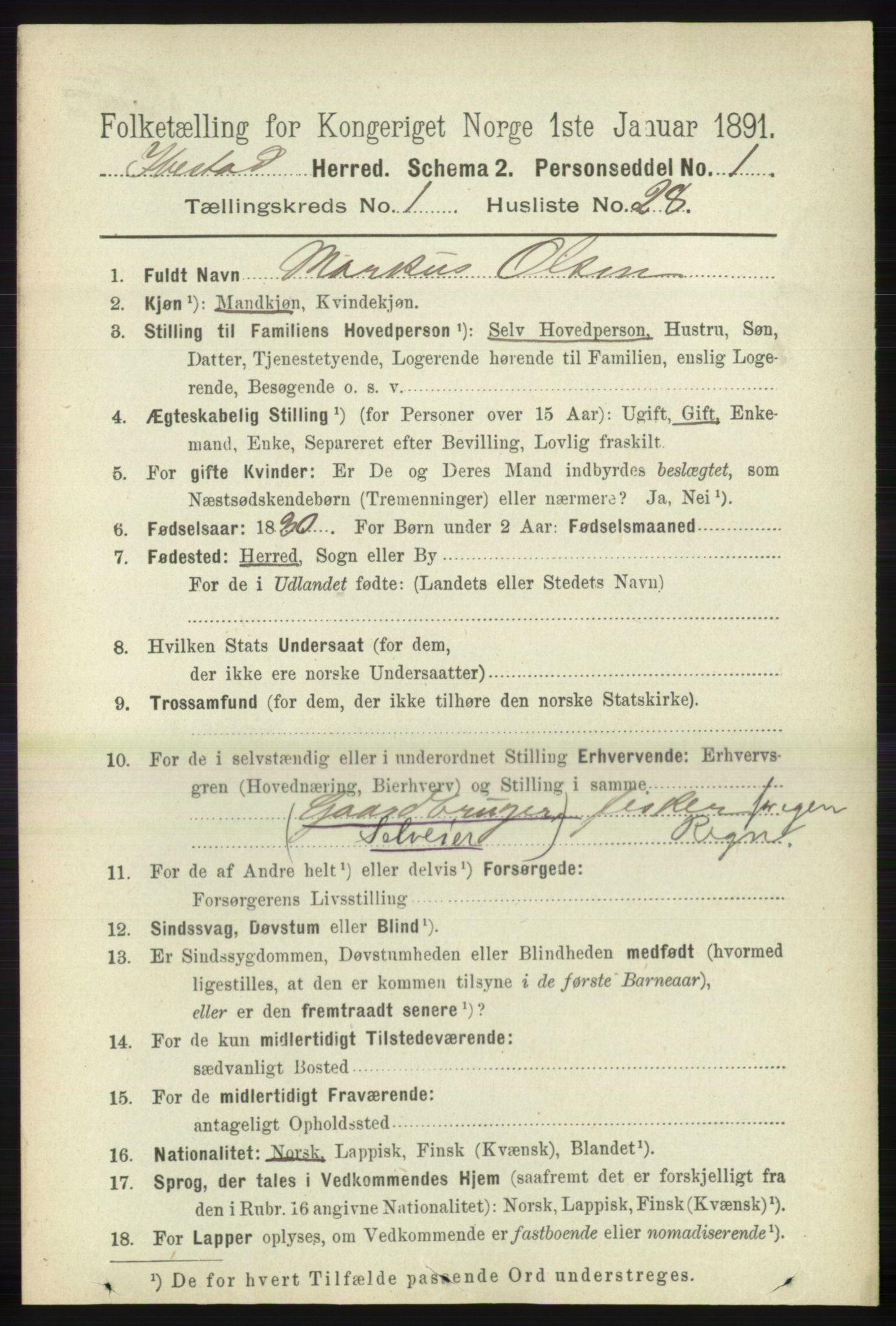 RA, 1891 census for 1917 Ibestad, 1891, p. 331