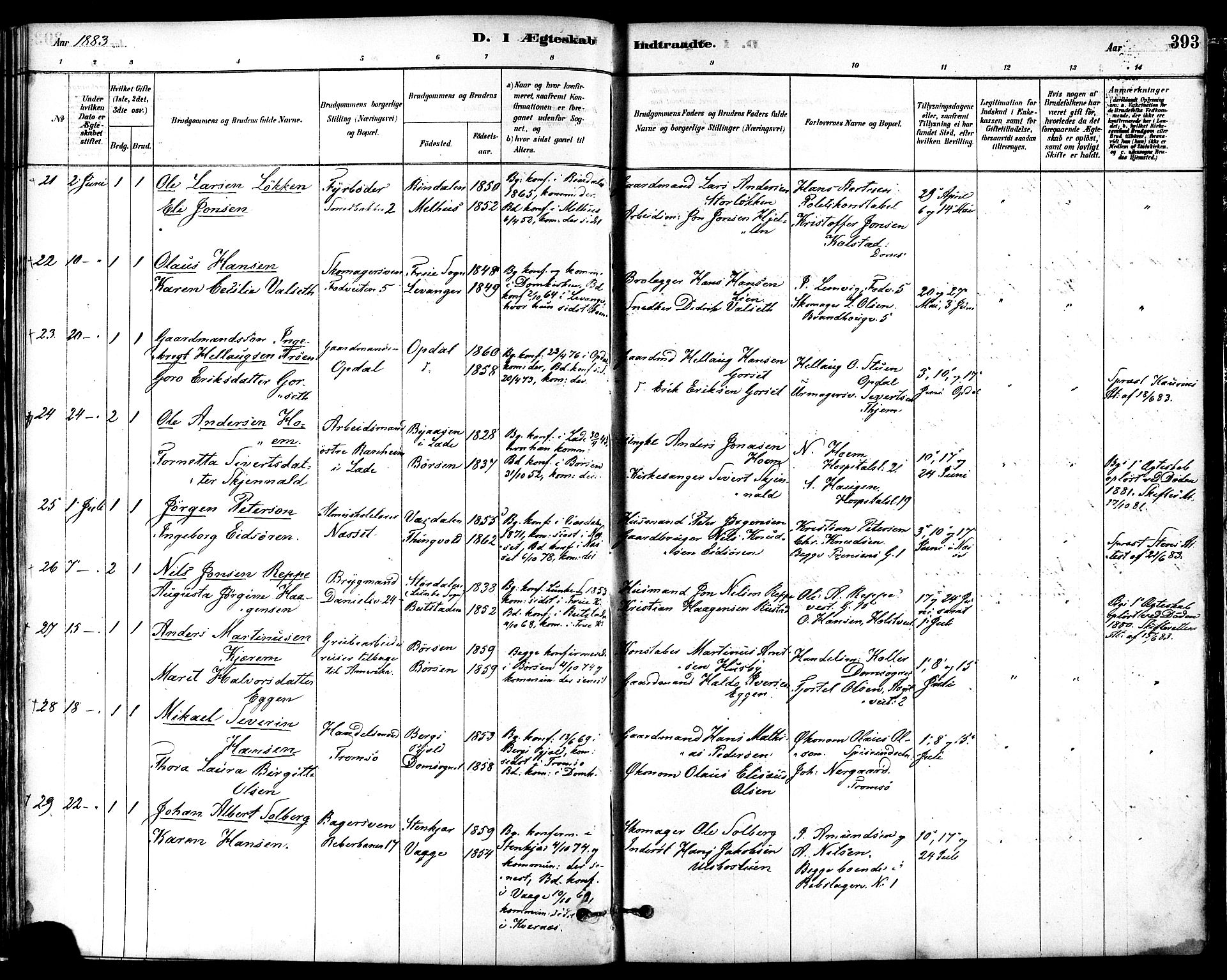 Ministerialprotokoller, klokkerbøker og fødselsregistre - Sør-Trøndelag, AV/SAT-A-1456/601/L0058: Parish register (official) no. 601A26, 1877-1891, p. 393