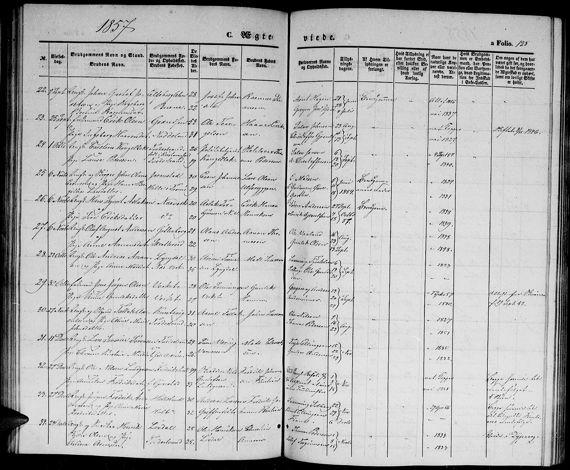 Holt sokneprestkontor, AV/SAK-1111-0021/F/Fb/L0007: Parish register (copy) no. B 7, 1849-1858, p. 125