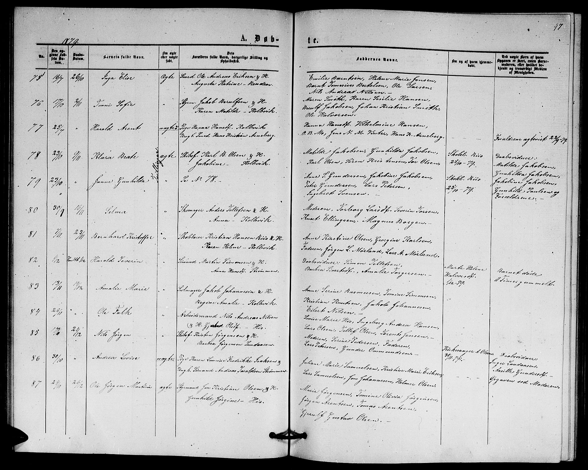 Hisøy sokneprestkontor, SAK/1111-0020/F/Fb/L0002: Parish register (copy) no. B 2, 1873-1885, p. 47