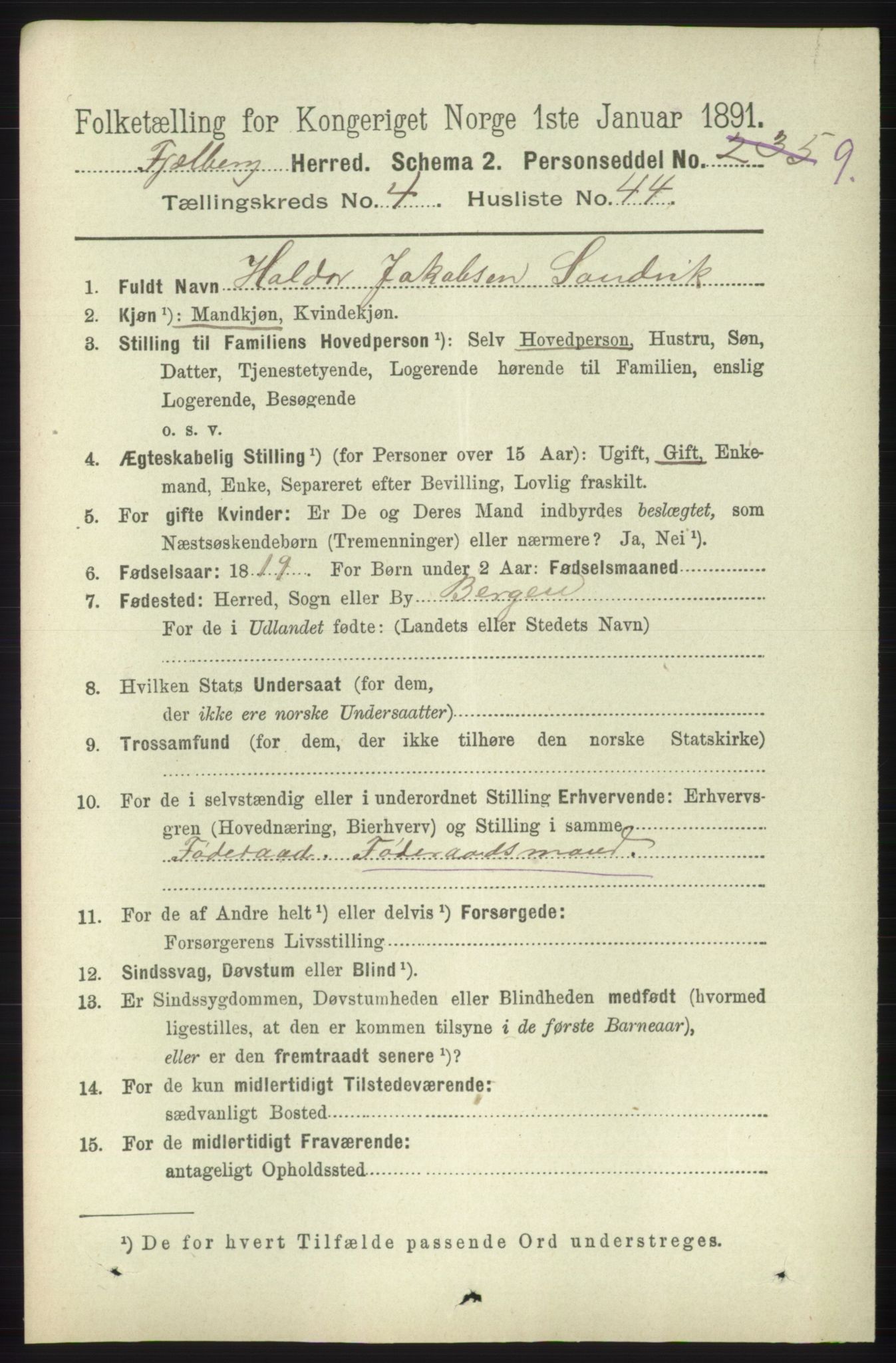 RA, 1891 census for 1213 Fjelberg, 1891, p. 1405