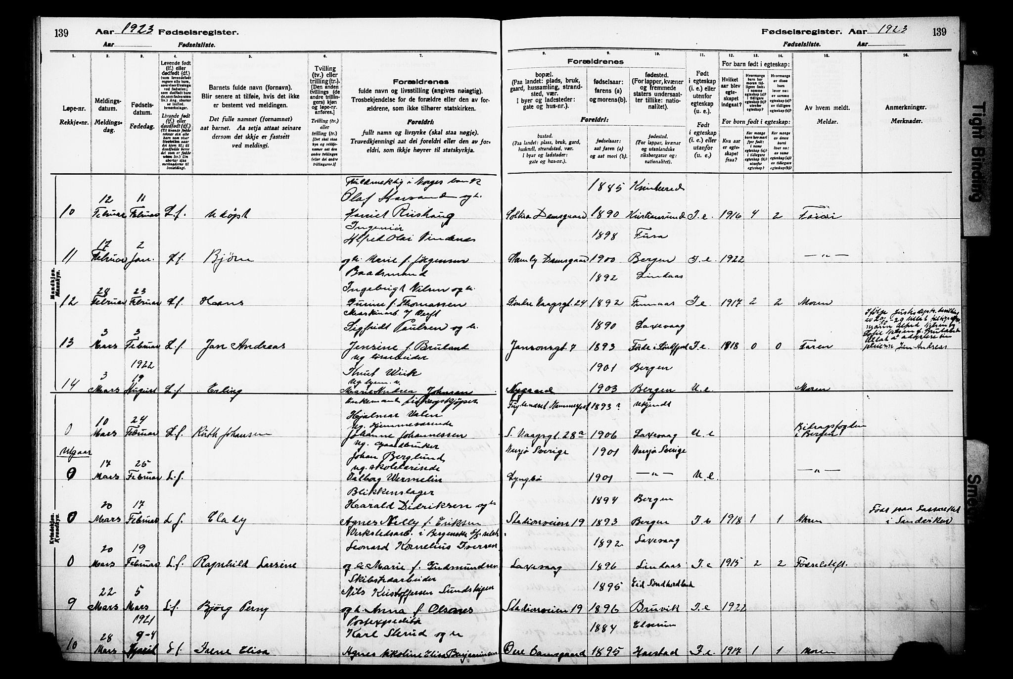 Laksevåg Sokneprestembete, AV/SAB-A-76501/I/Id/L00A1: Birth register no. A 1, 1916-1926, p. 139