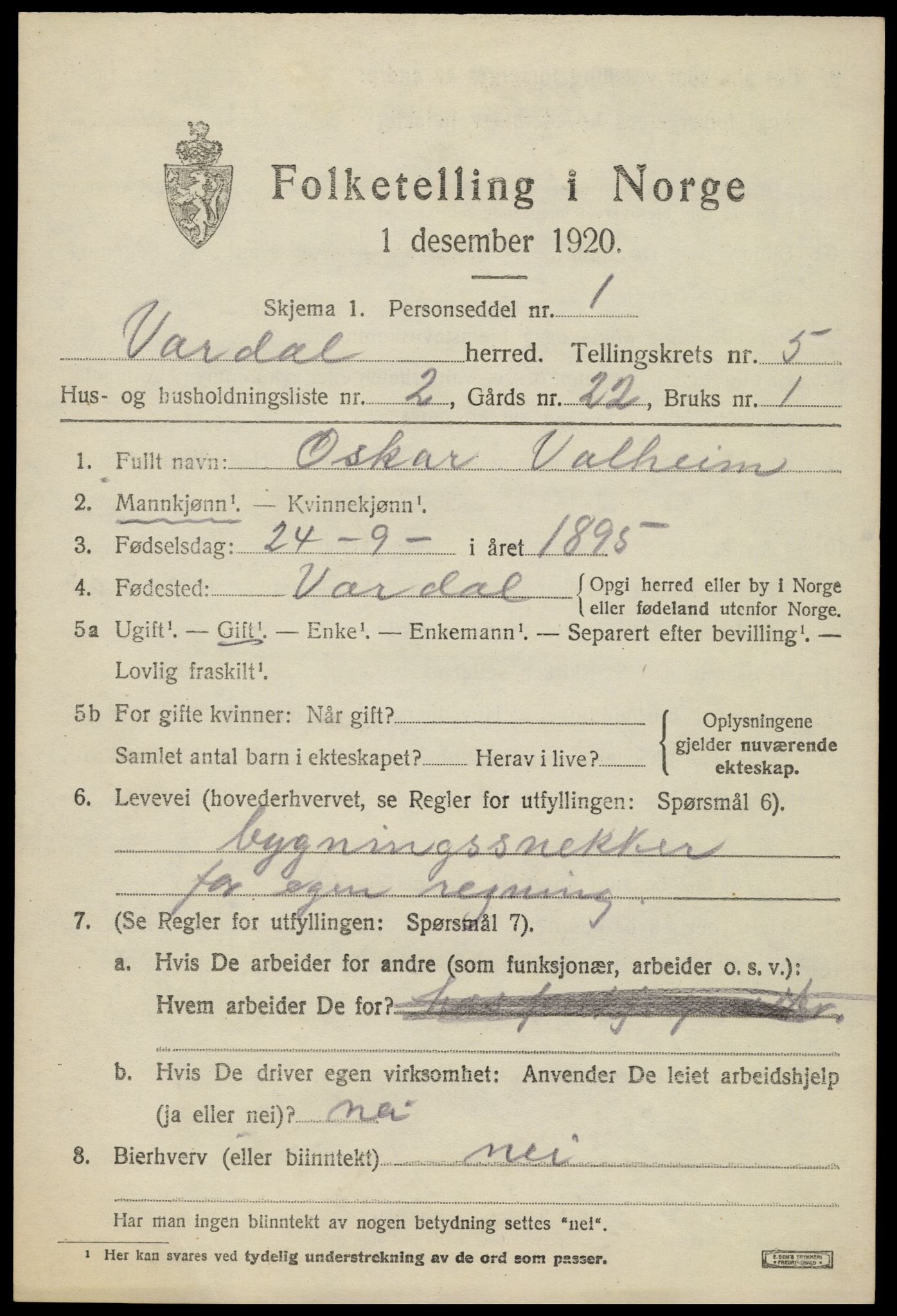 SAH, 1920 census for Vardal, 1920, p. 3071