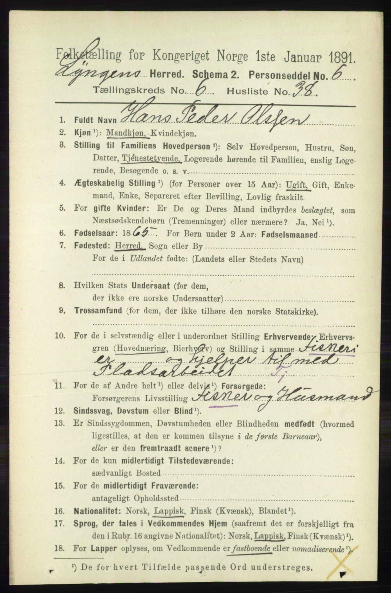 RA, 1891 census for 1938 Lyngen, 1891, p. 5536