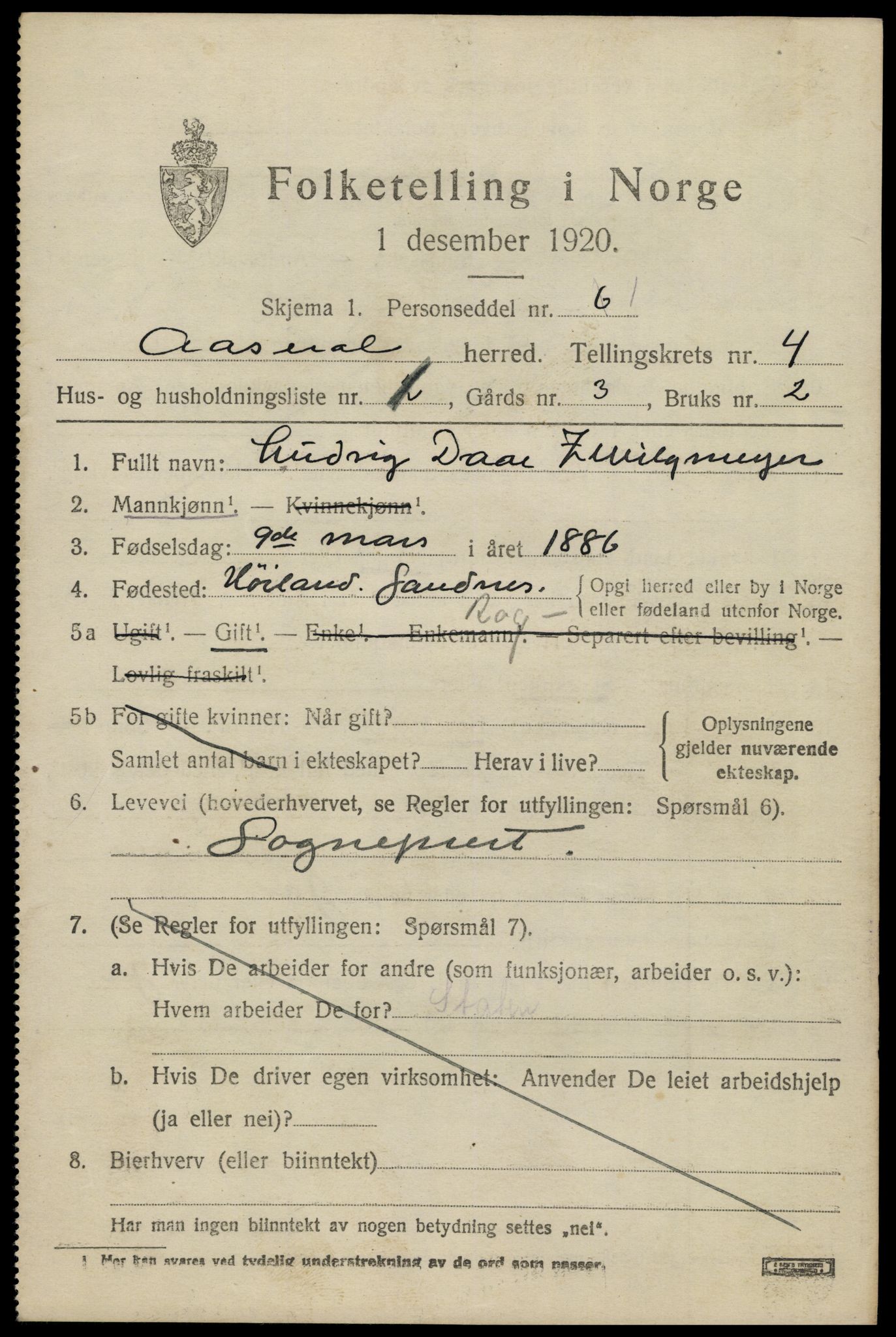 SAK, 1920 census for Åseral, 1920, p. 1186