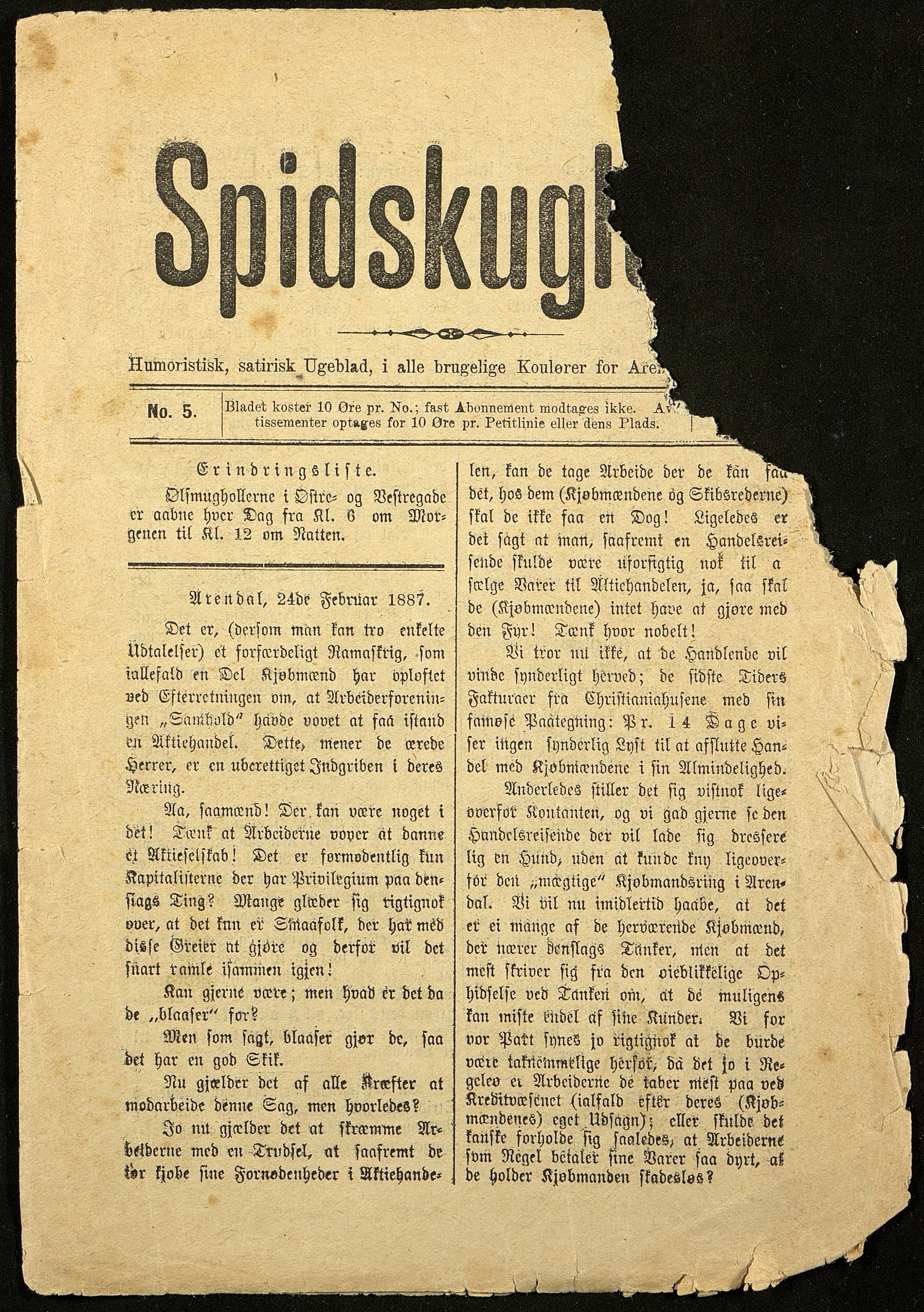 Spidskuglen, AAKS/PA-2823/X/L0001/0001: Spidskuglen / Årg. 1887, nr. 1–2, 4–23, 25–36, 1887