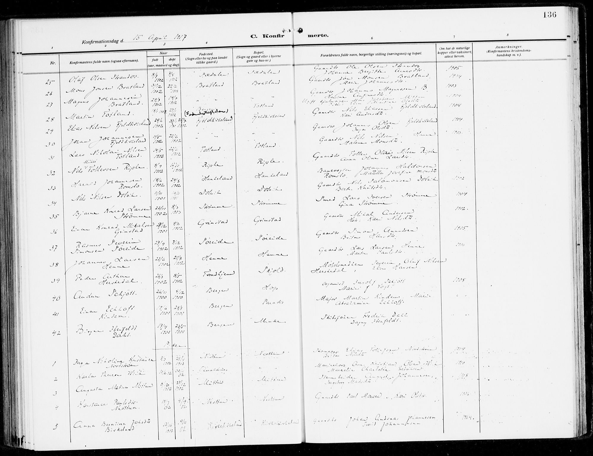 Fana Sokneprestembete, SAB/A-75101/H/Haa/Haai/L0004: Parish register (official) no. I 4, 1912-1933, p. 136