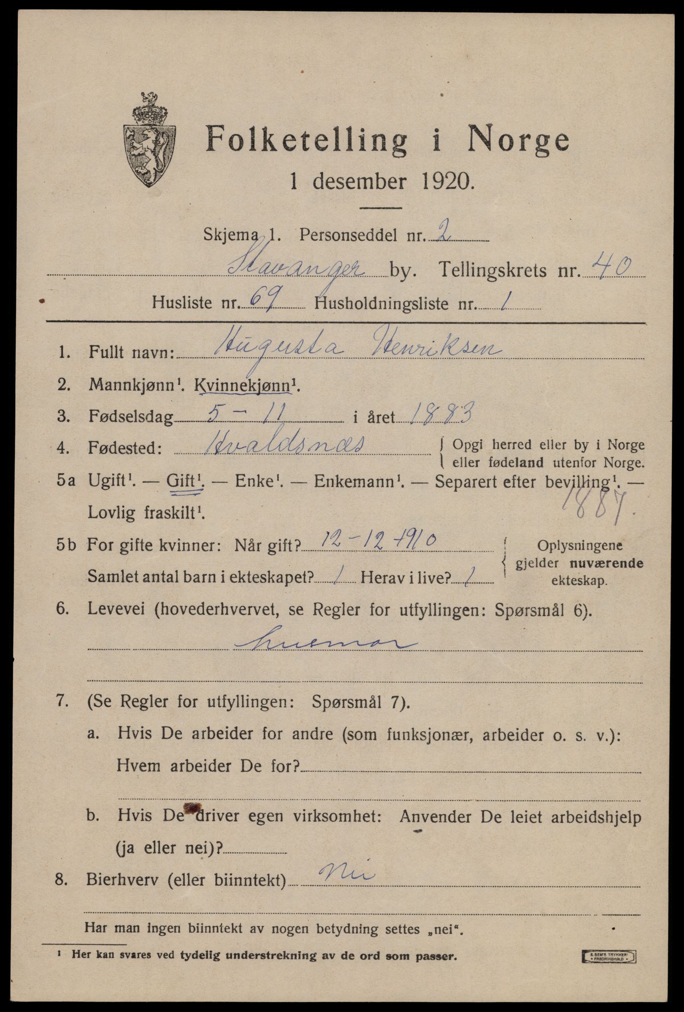 SAST, 1920 census for Stavanger, 1920, p. 103122