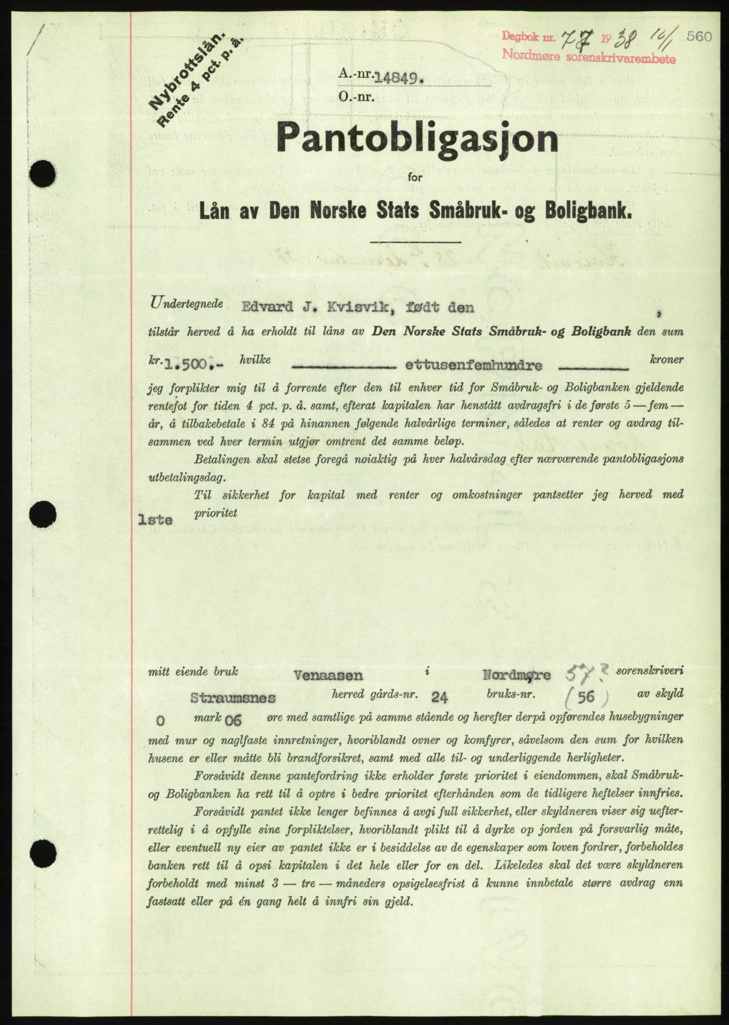 Nordmøre sorenskriveri, AV/SAT-A-4132/1/2/2Ca/L0092: Mortgage book no. B82, 1937-1938, Diary no: : 77/1938