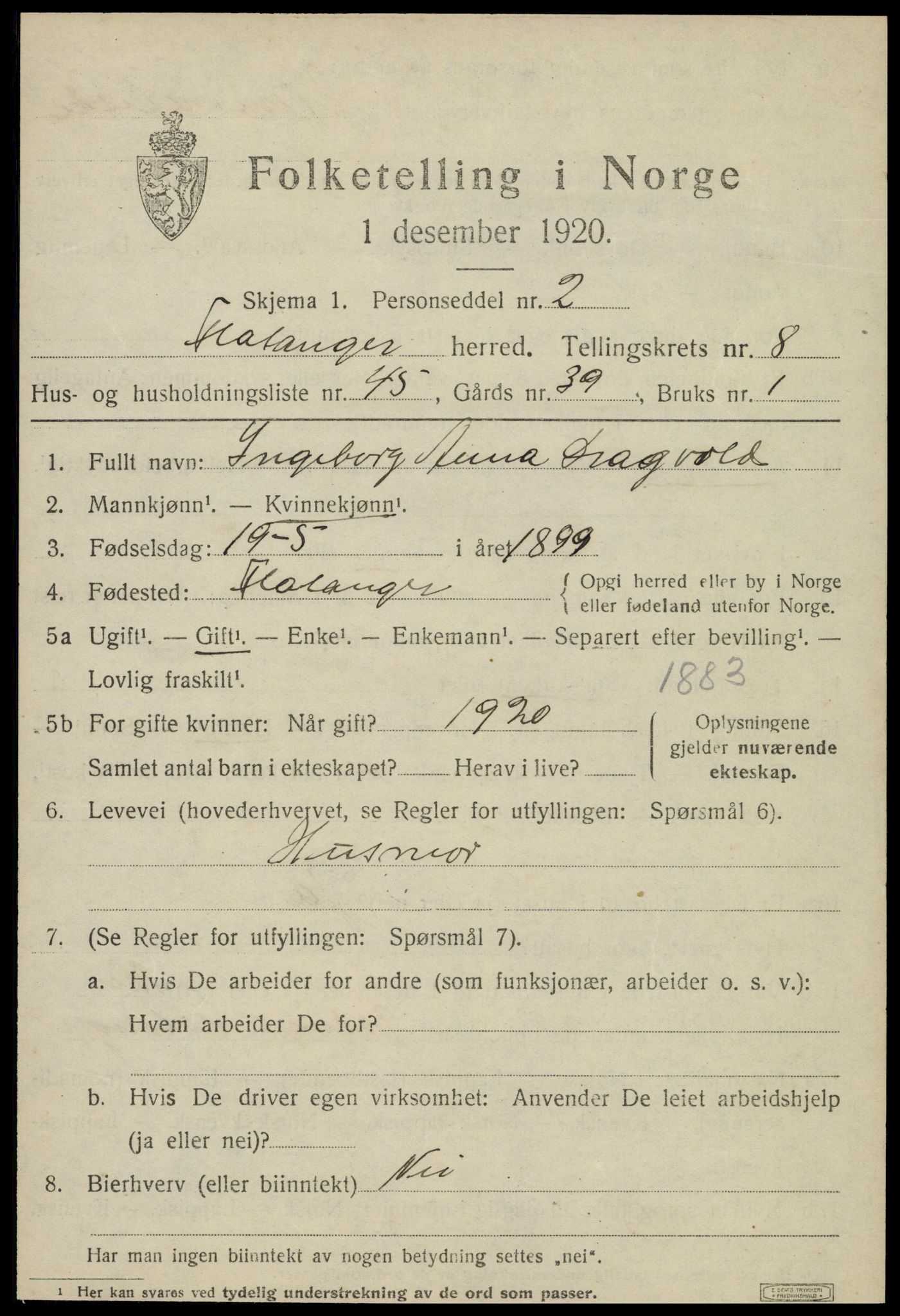 SAT, 1920 census for Flatanger, 1920, p. 4146