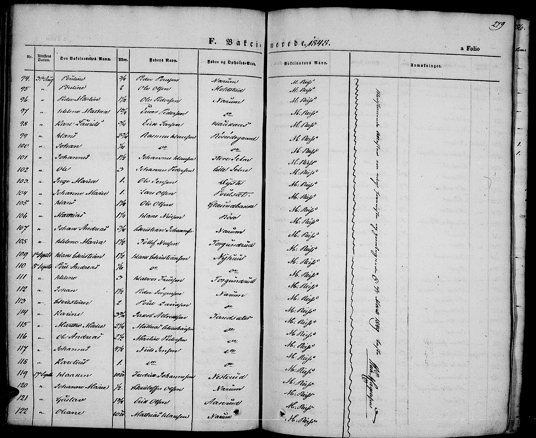 Vestre Toten prestekontor, AV/SAH-PREST-108/H/Ha/Haa/L0004: Parish register (official) no. 4, 1844-1849, p. 279