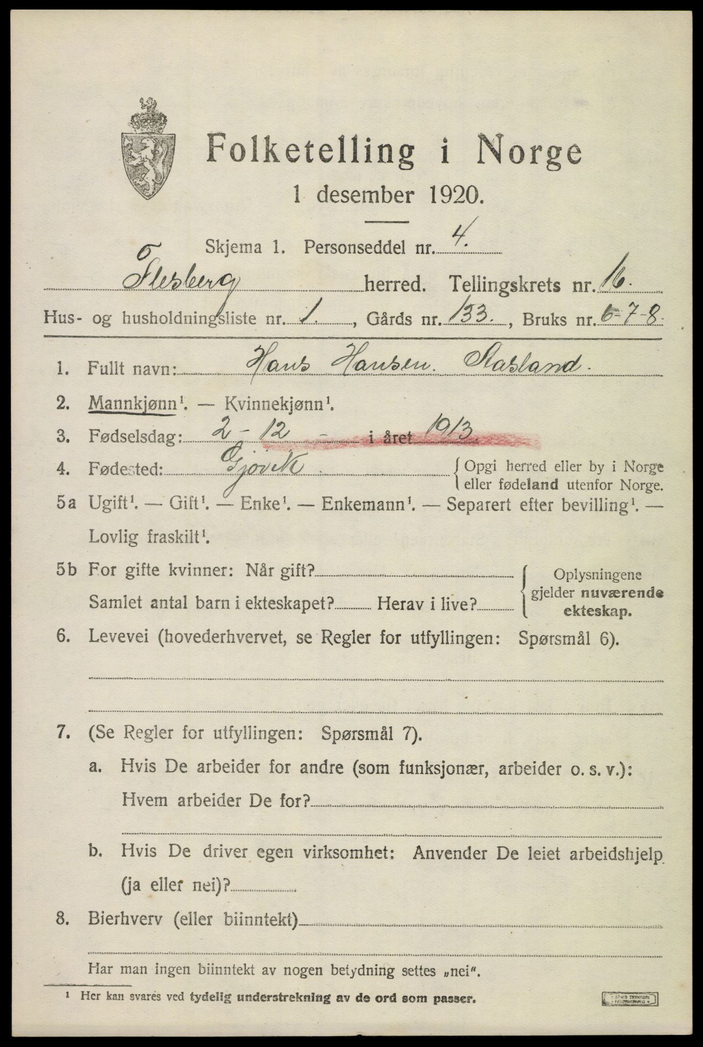 SAKO, 1920 census for Flesberg, 1920, p. 5009