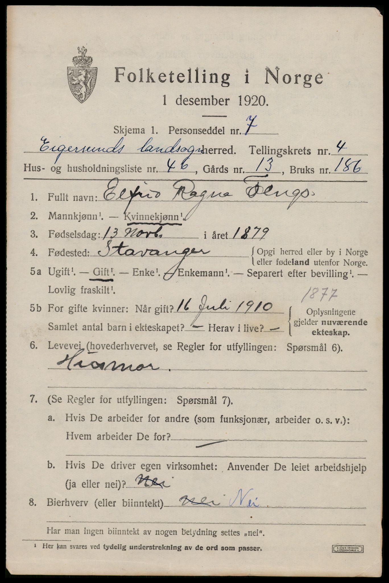 SAST, 1920 census for Eigersund, 1920, p. 3337