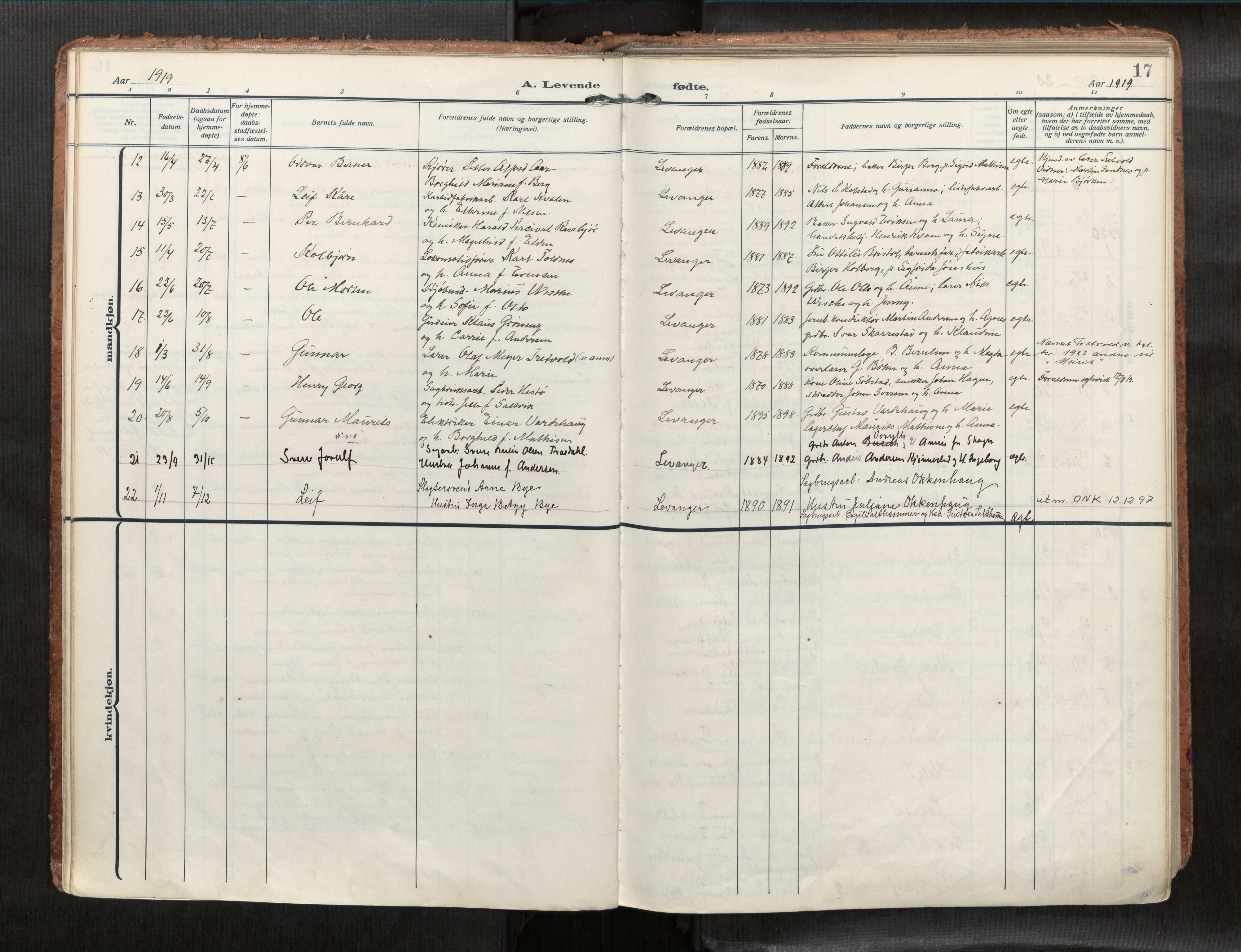 Levanger sokneprestkontor, SAT/A-1301/2/H/Haa/L0001: Parish register (official) no. 1, 1912-1932, p. 17