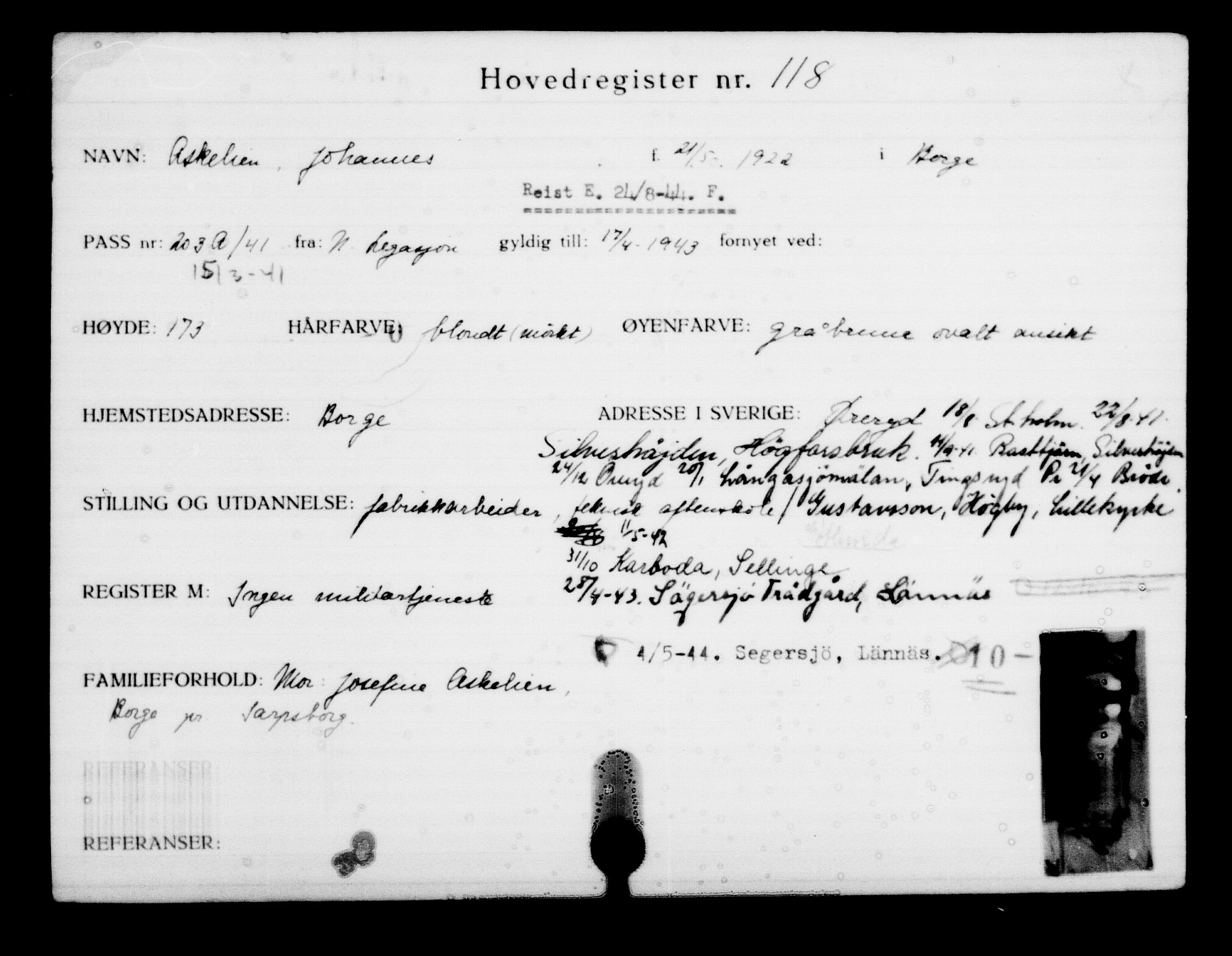 Utenriksstasjonene, Legasjonen i Stockholm, Flyktningkontoret, AV/RA-S-6753/V/Va/L0001: Kjesäterkartoteket, flyktninger med registreringsnr. 1-1000, 1940-1945, p. 194