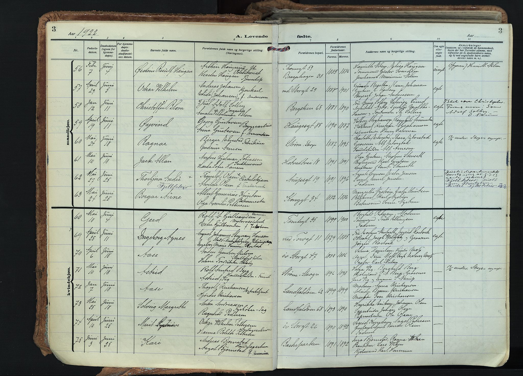 Bragernes kirkebøker, AV/SAKO-A-6/F/Fb/L0011: Parish register (official) no. II 11, 1922-1945, p. 3