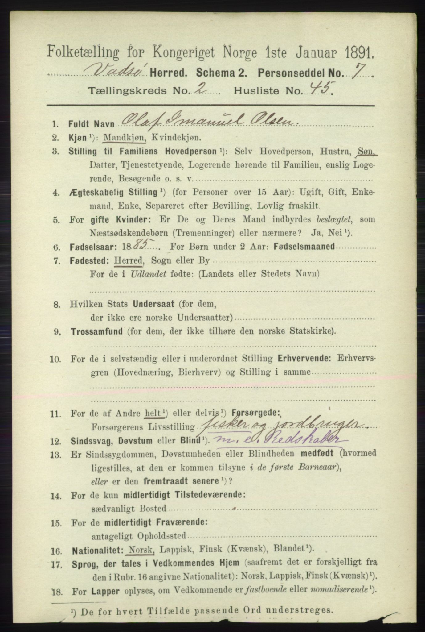 RA, 1891 census for 2029 Vadsø, 1891, p. 748