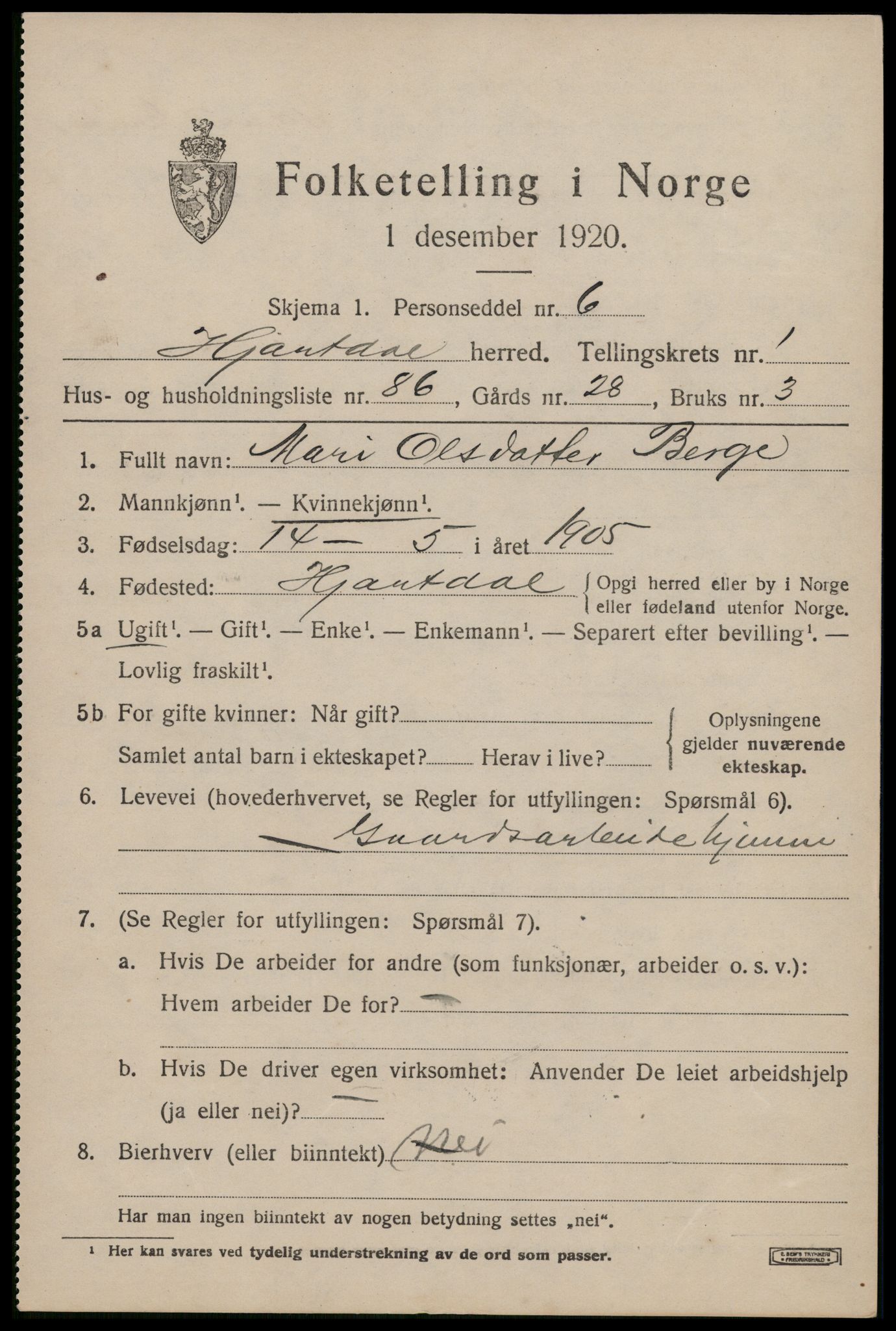 SAKO, 1920 census for Hjartdal, 1920, p. 1826