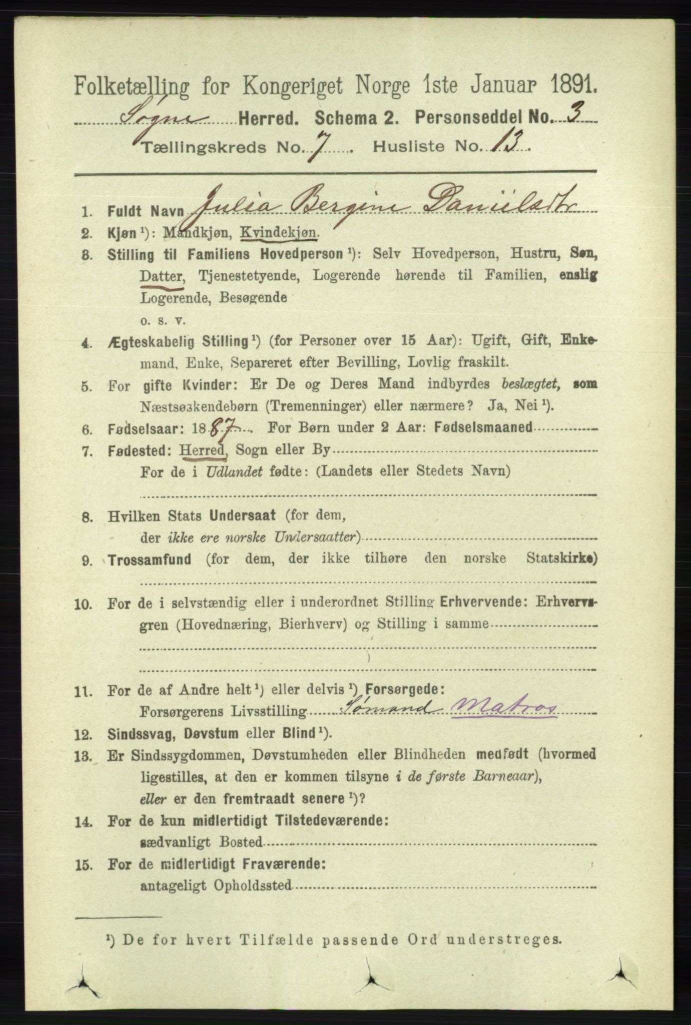 RA, 1891 census for 1018 Søgne, 1891, p. 1607