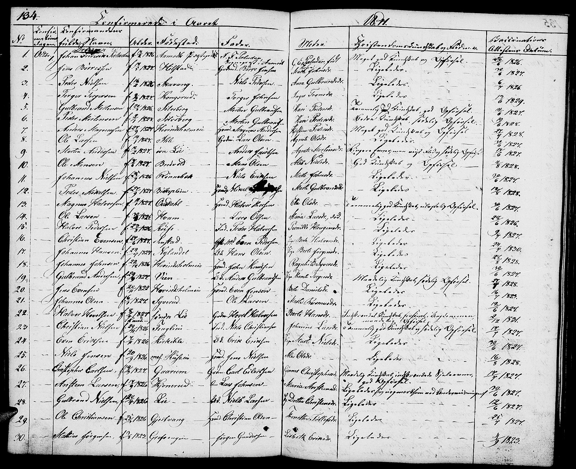 Nes prestekontor, Hedmark, SAH/PREST-020/L/La/L0004: Parish register (copy) no. 4, 1832-1861, p. 134