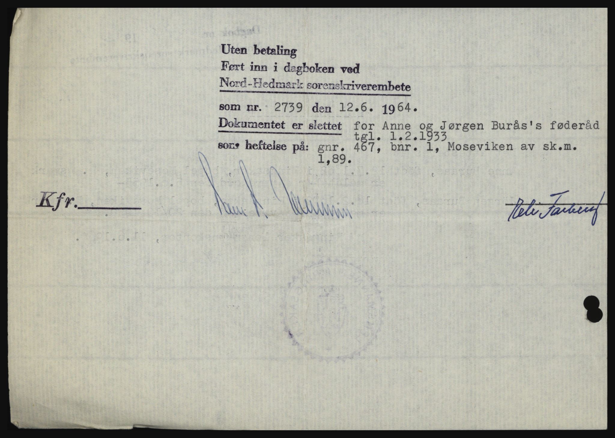 Nord-Hedmark sorenskriveri, SAH/TING-012/H/Hc/L0019: Mortgage book no. 19, 1963-1964, Diary no: : 2739/1964