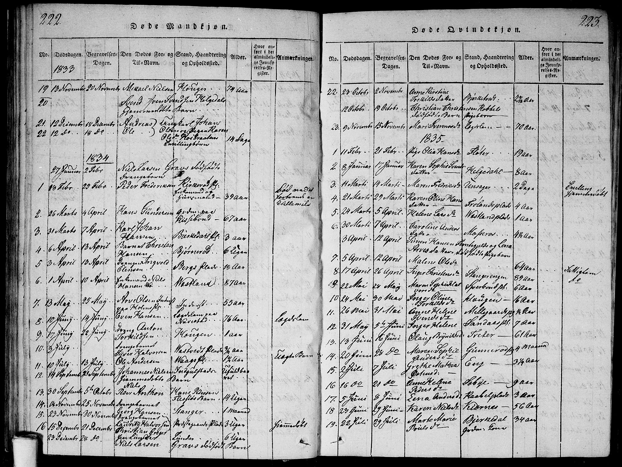 Våler prestekontor Kirkebøker, SAO/A-11083/G/Ga/L0001: Parish register (copy) no. I 1, 1815-1839, p. 222-223