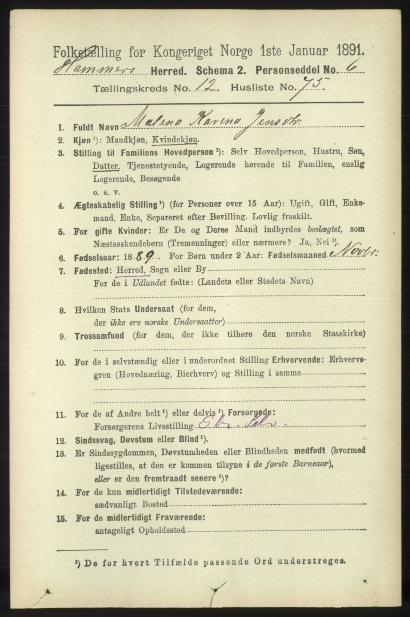 RA, 1891 census for 1254 Hamre, 1891, p. 3934