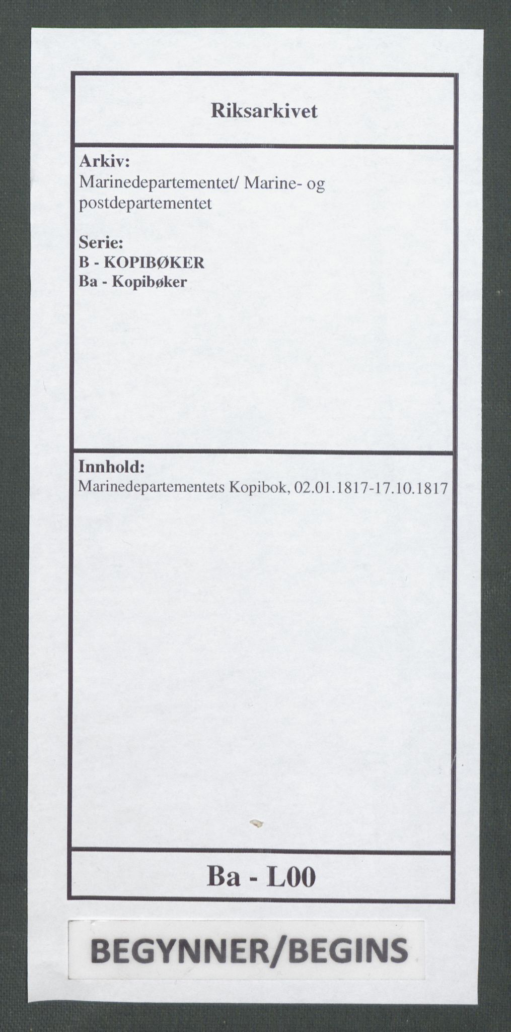 Marinedepartementet/ Marine- og postdepartementet, AV/RA-RAFA-3792/B/Ba/L0006:  Marinedepartementets kopibok, 1817