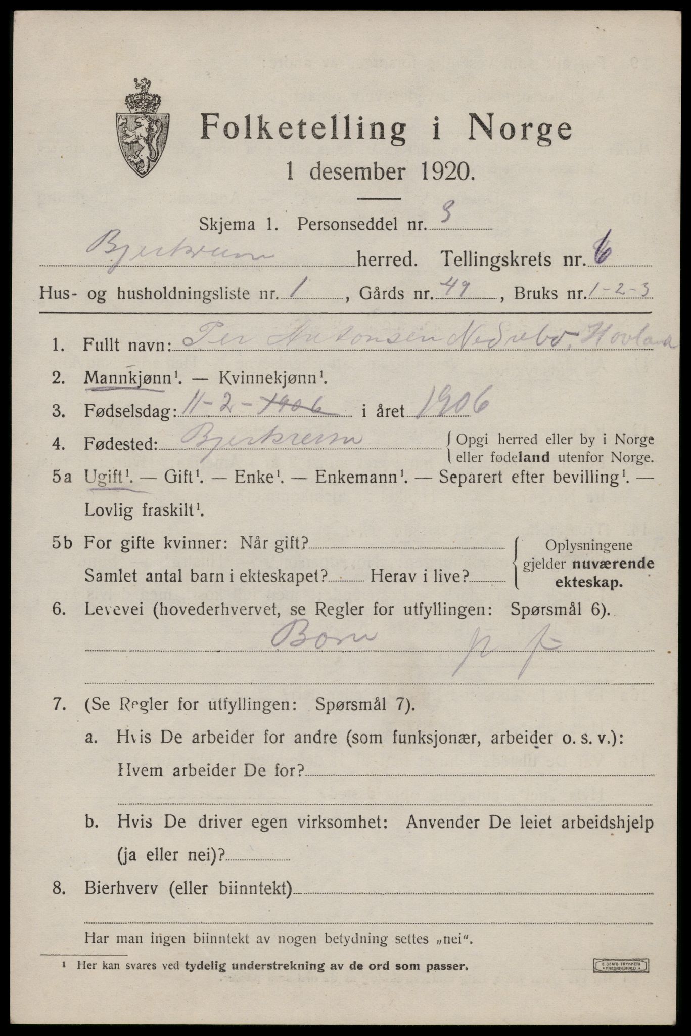 SAST, 1920 census for Bjerkreim, 1920, p. 2128