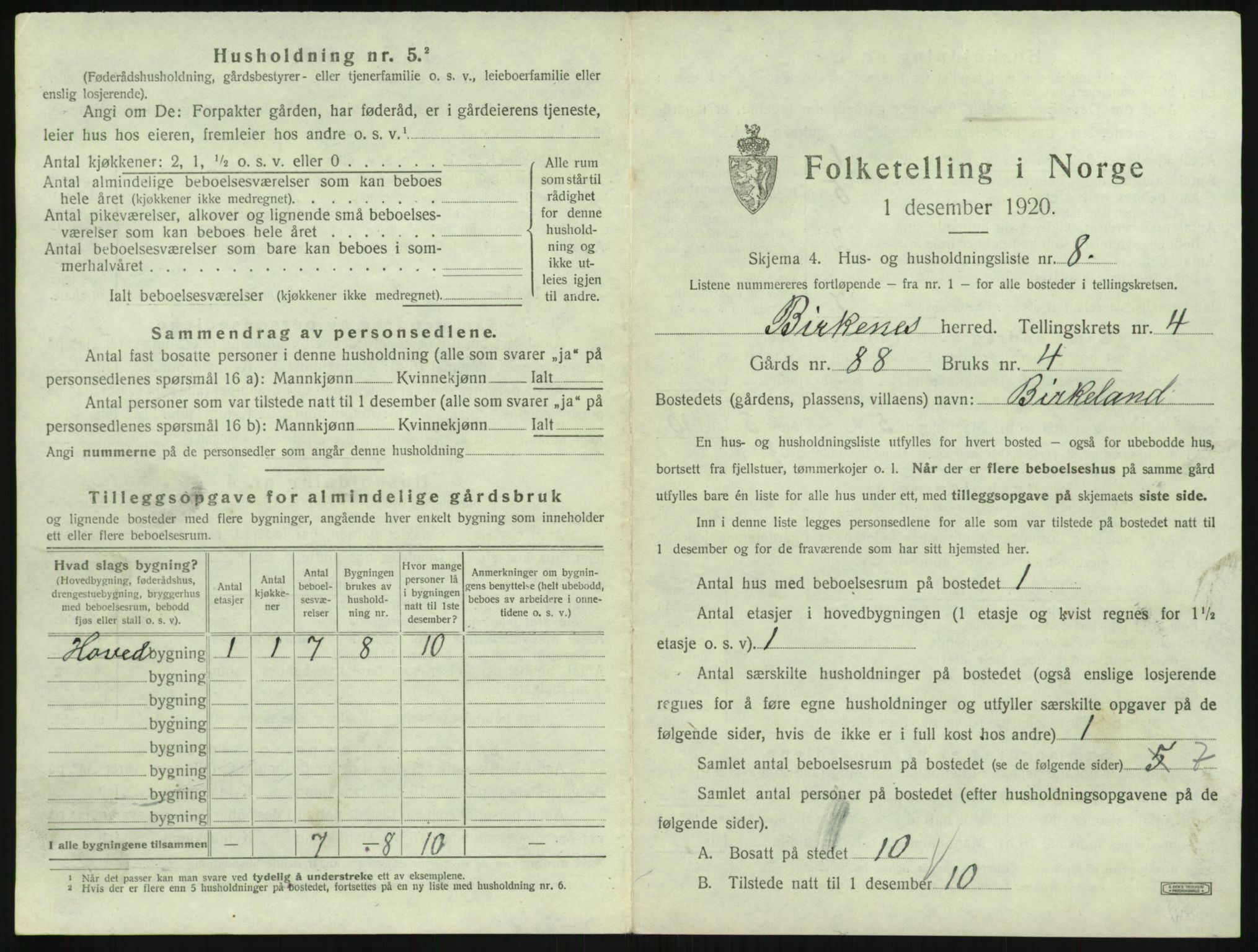 SAK, 1920 census for Birkenes, 1920, p. 261