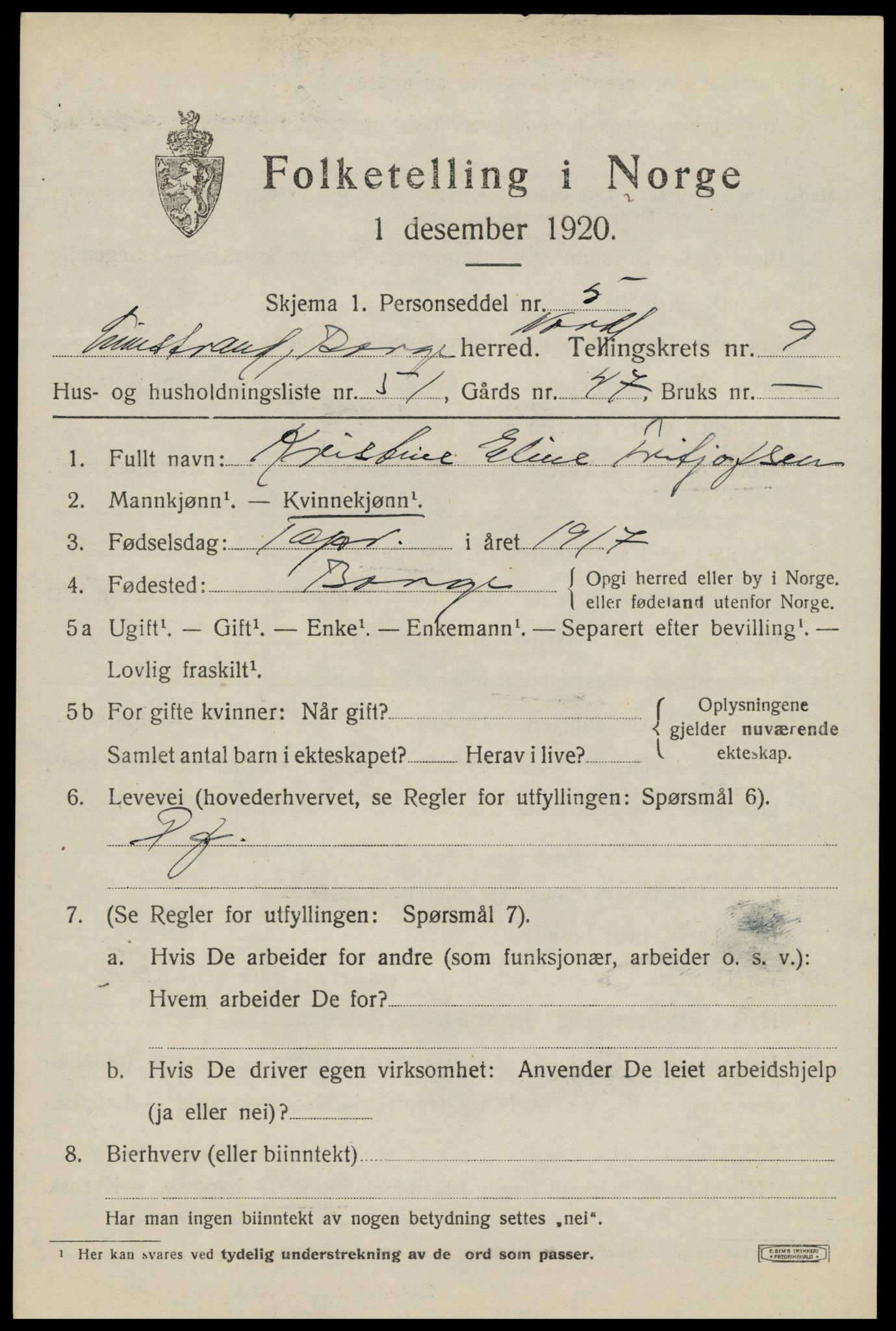 SAT, 1920 census for Borge, 1920, p. 8695