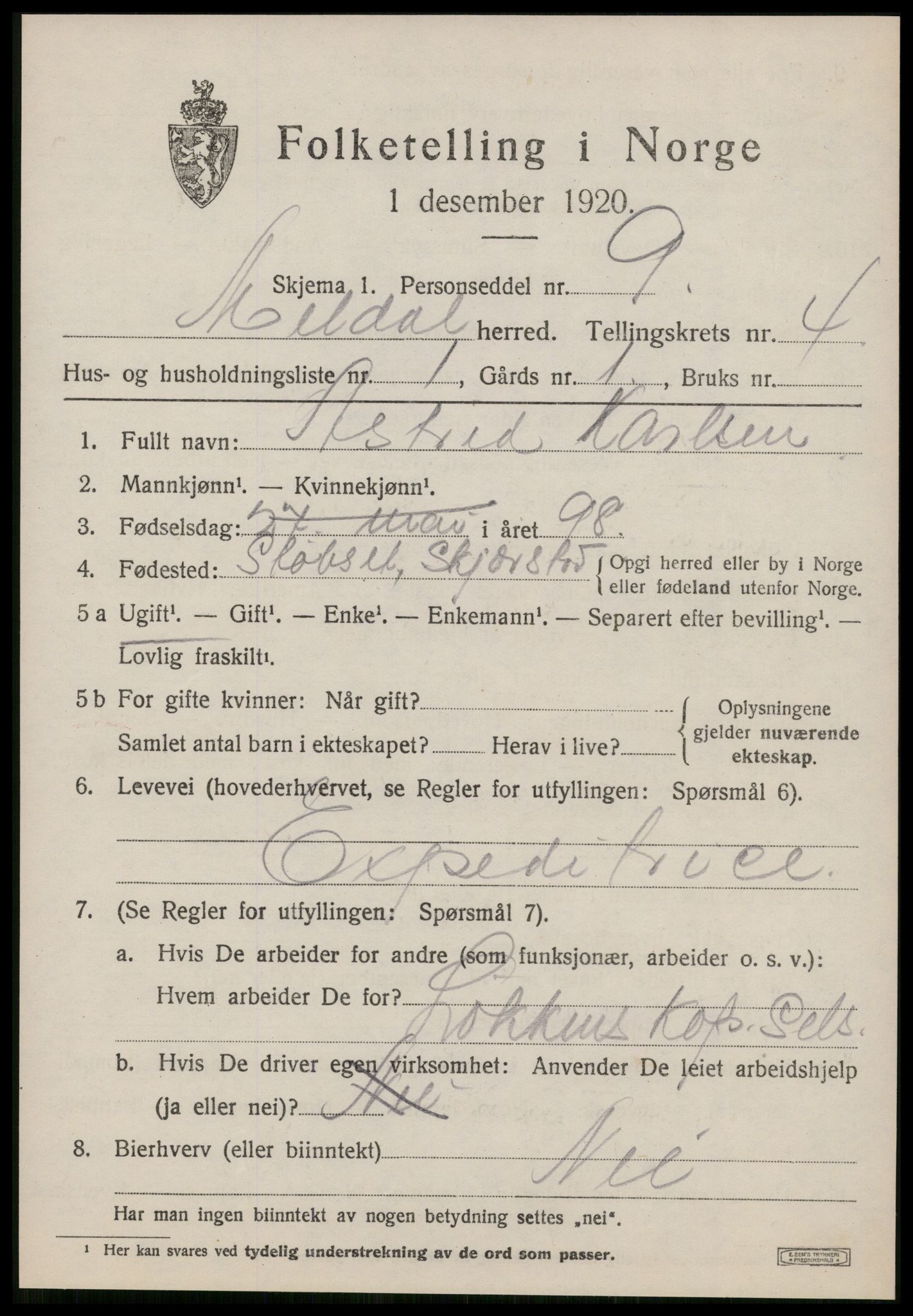 SAT, 1920 census for Meldal, 1920, p. 3647