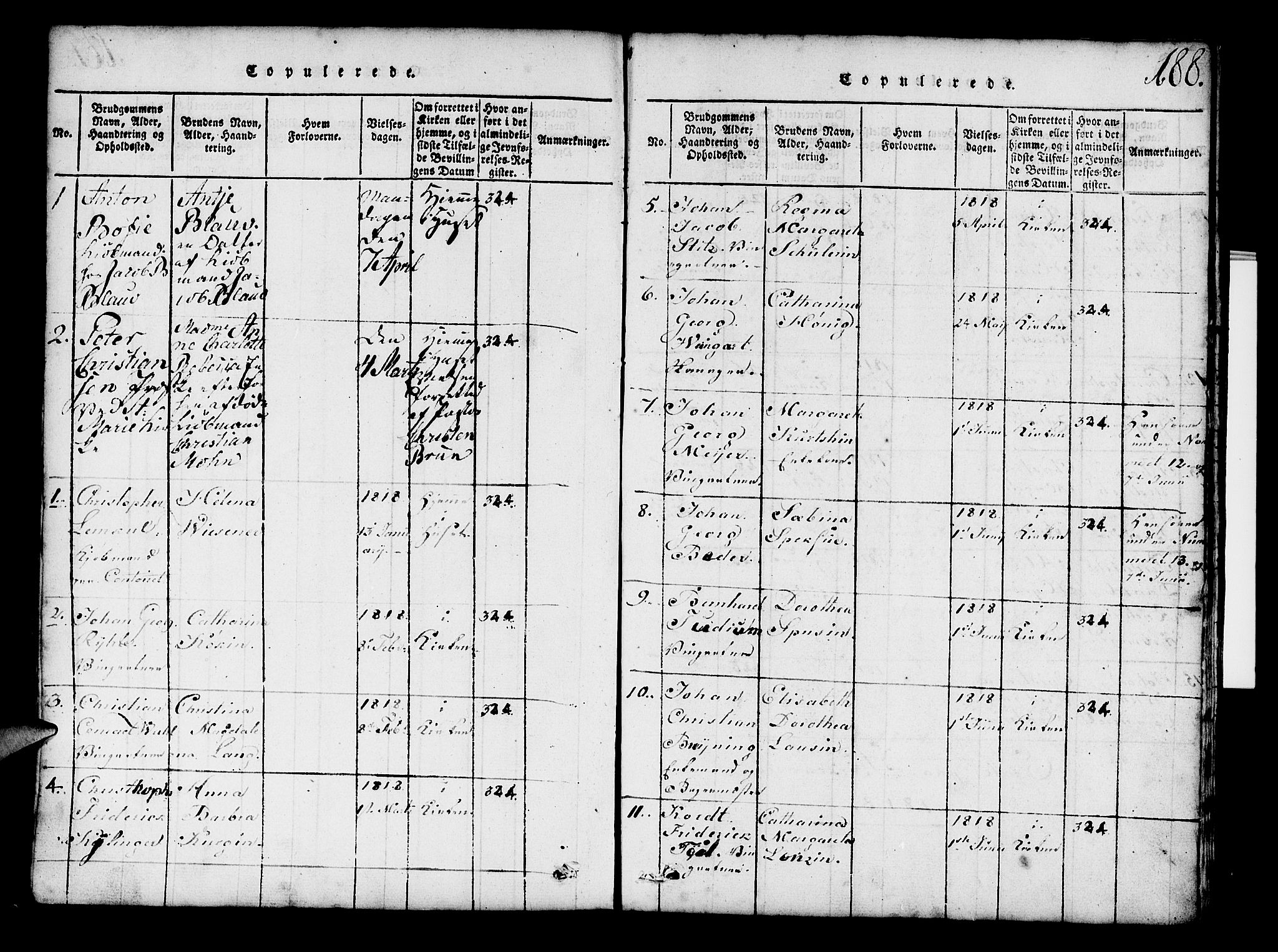 Mariakirken Sokneprestembete, SAB/A-76901/H/Hab/L0001: Parish register (copy) no. A 1, 1815-1846, p. 188
