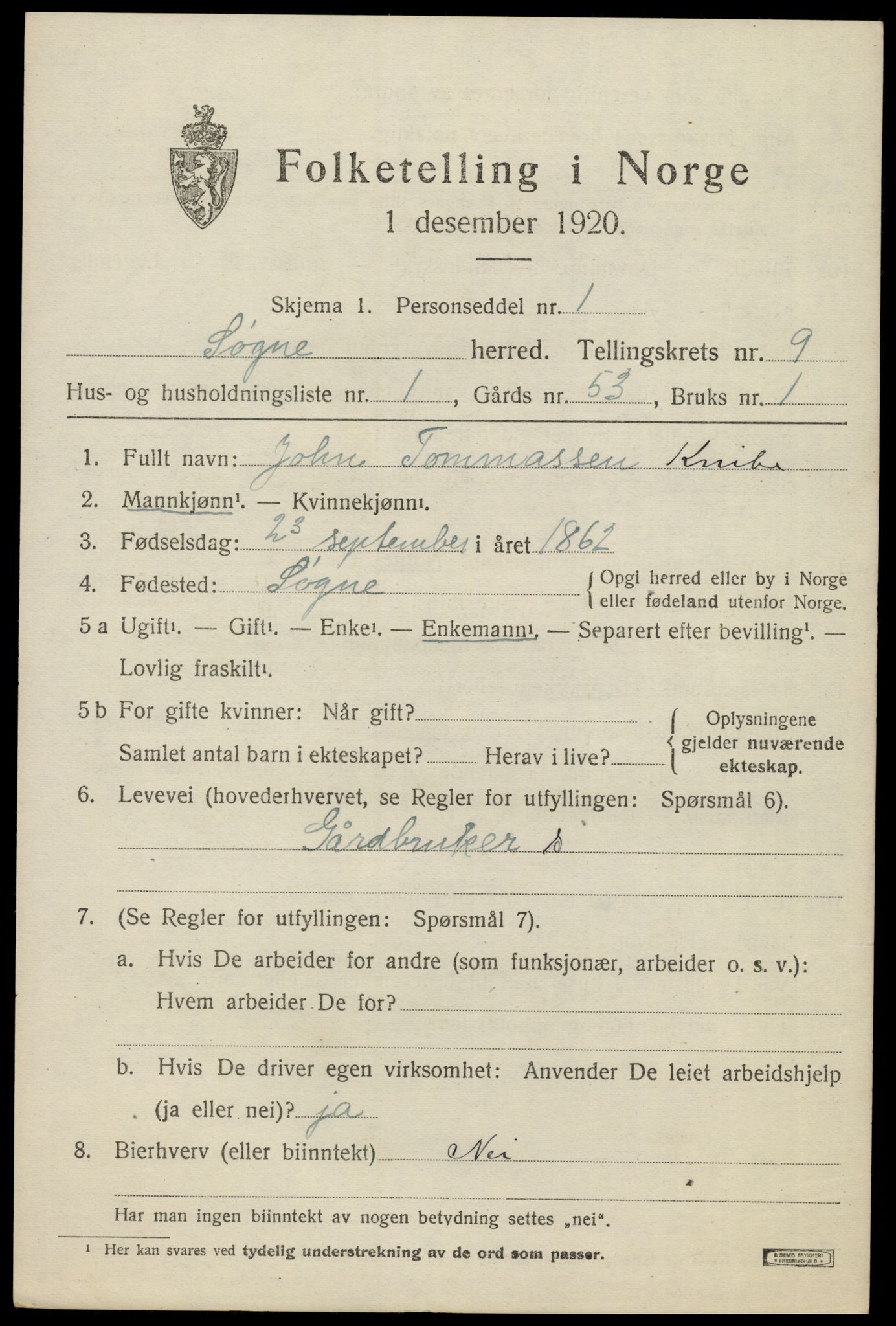 SAK, 1920 census for Søgne, 1920, p. 5291