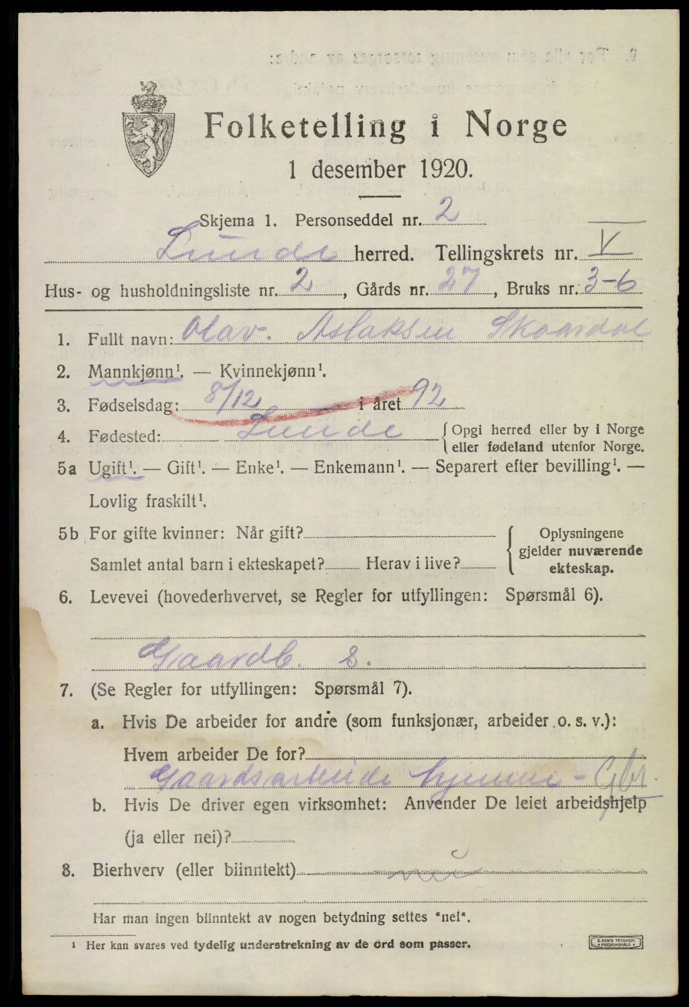 SAKO, 1920 census for Lunde, 1920, p. 3419
